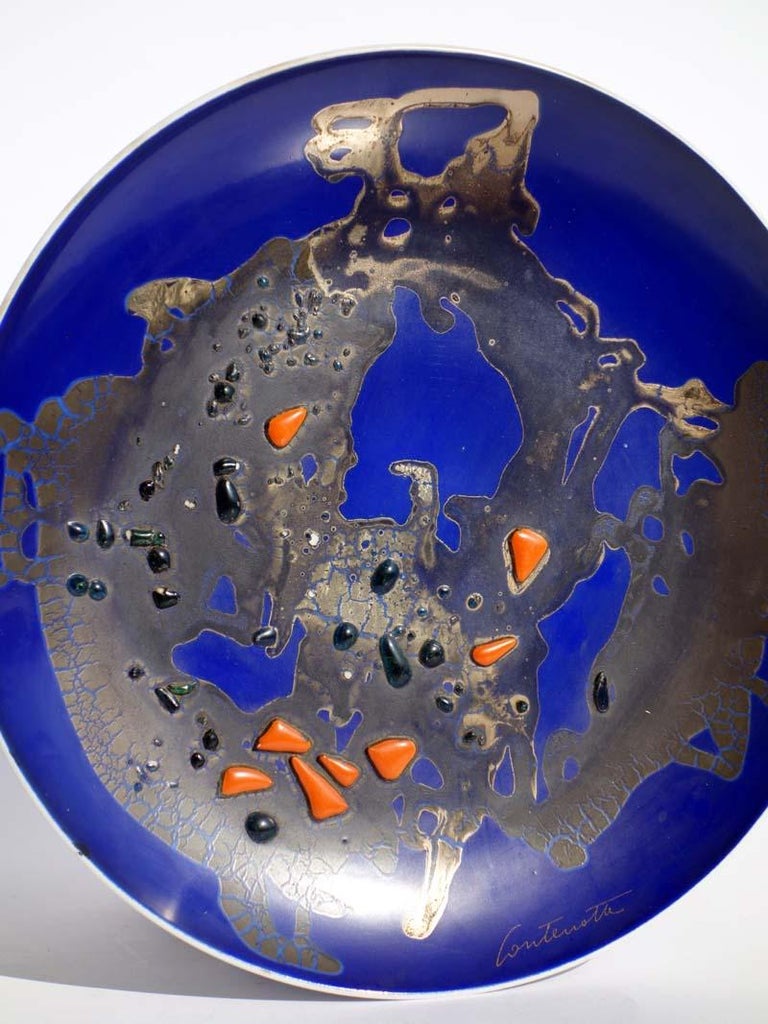 Mid-Century Modern Bruno Contenotte 1970 Sculpture Abstract Materic Pottery Plate For Sale