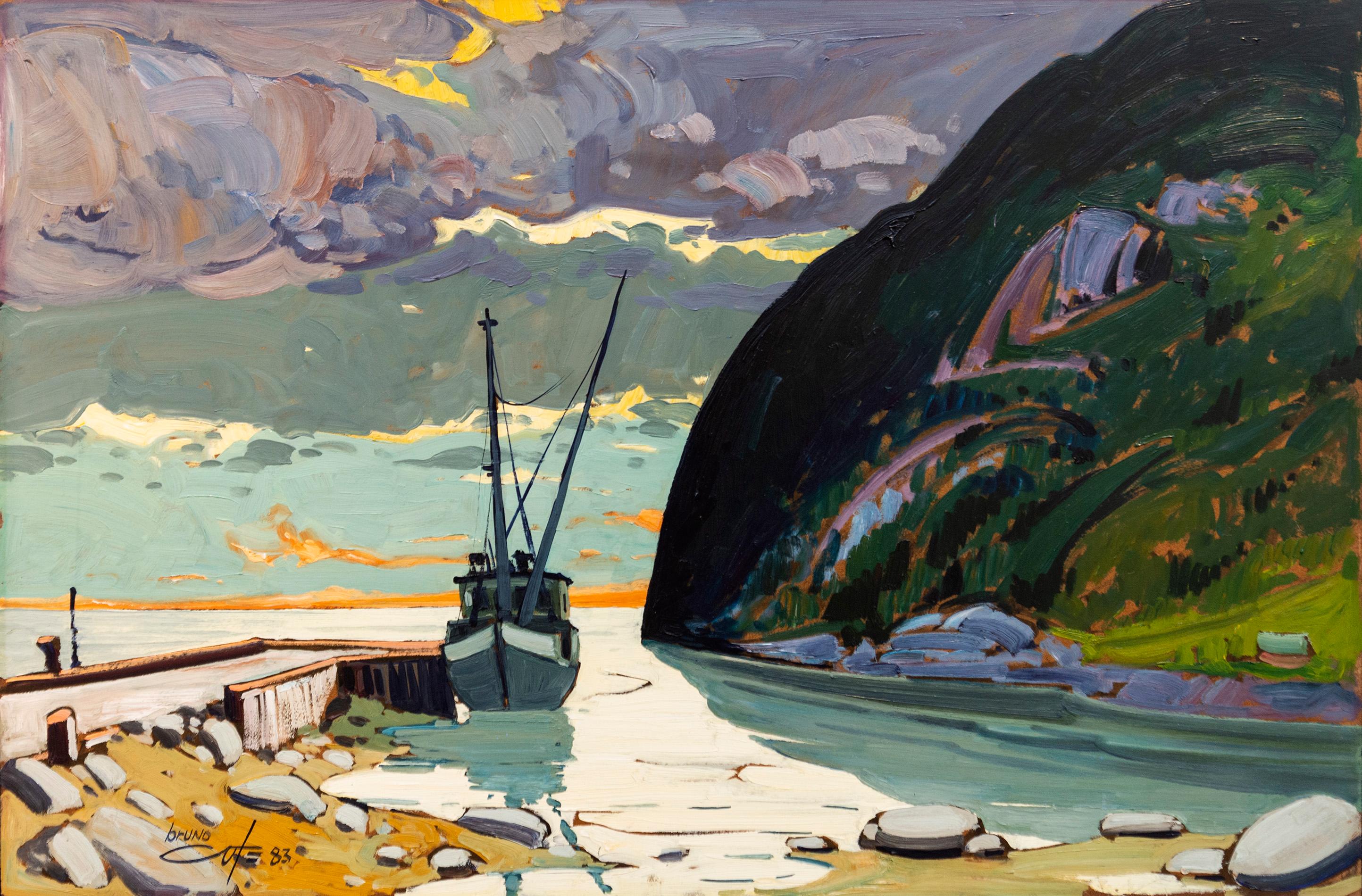 La St-Andre a Port au Persil - 20th century, expressionistic, oil on board - Painting by Bruno Côté