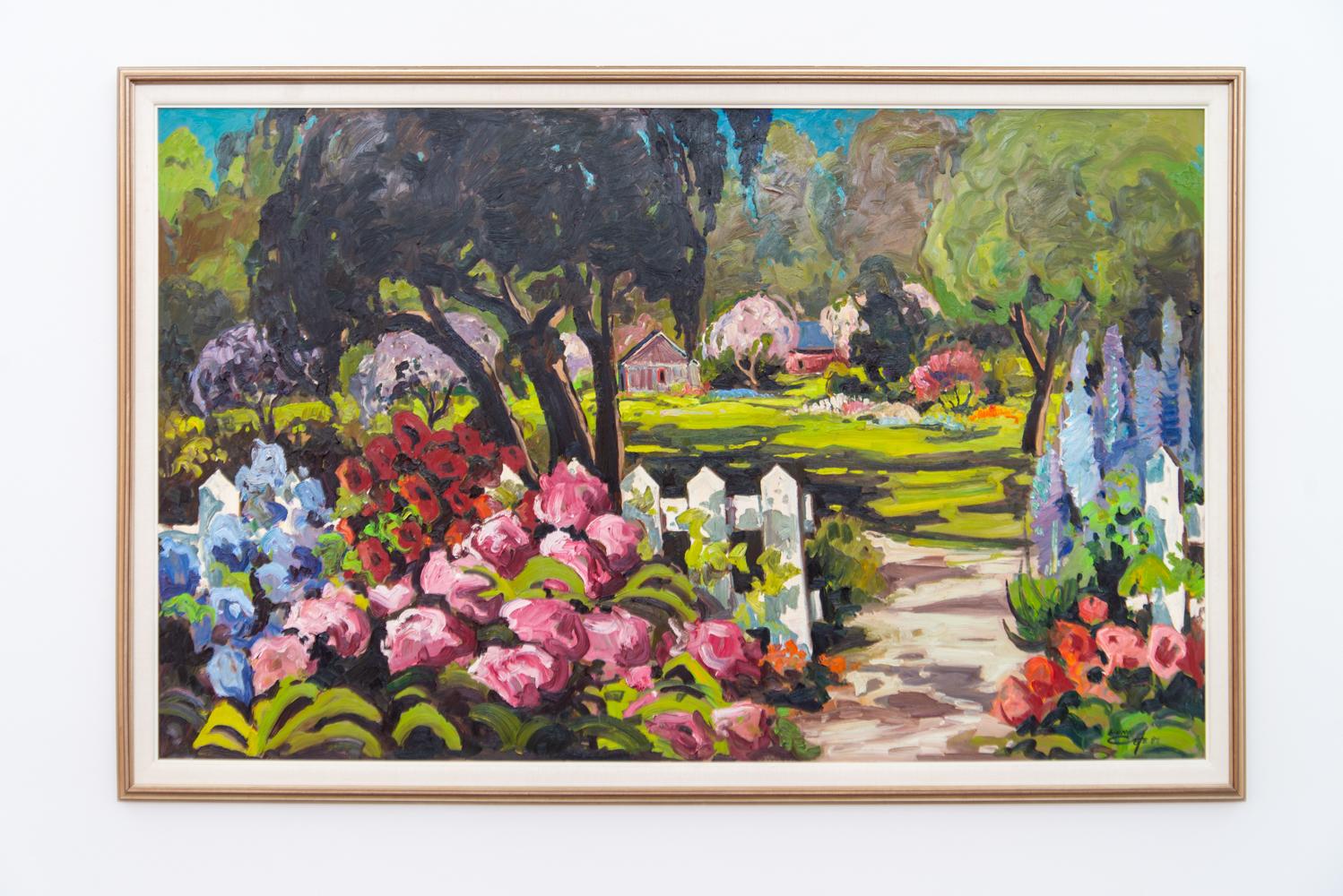 Reford Gardens (Jardin de Metis) - 20th century, expressionistic, oil on board - Expressionist Painting by Bruno Côté