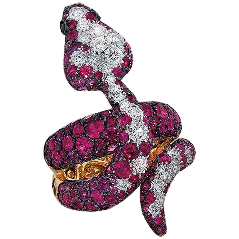 Bruno Crivelli 18 Karat Rose Gold Snake Ring with Ruby, Diamond and Amethyst For Sale