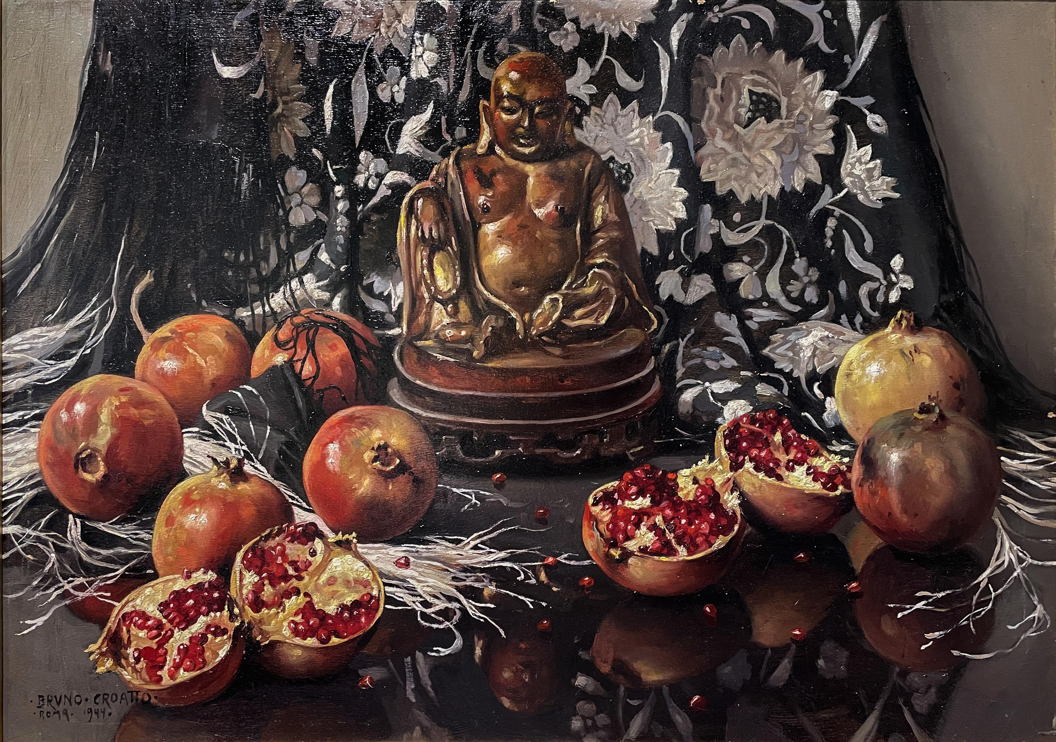 In this work we find the image of the Buddha and several pomegranates, symbolizing fertility.

The choice of combining objects and materials of different nature becomes an unmistakable feature of his style. A taste for the intrinsic qualities of