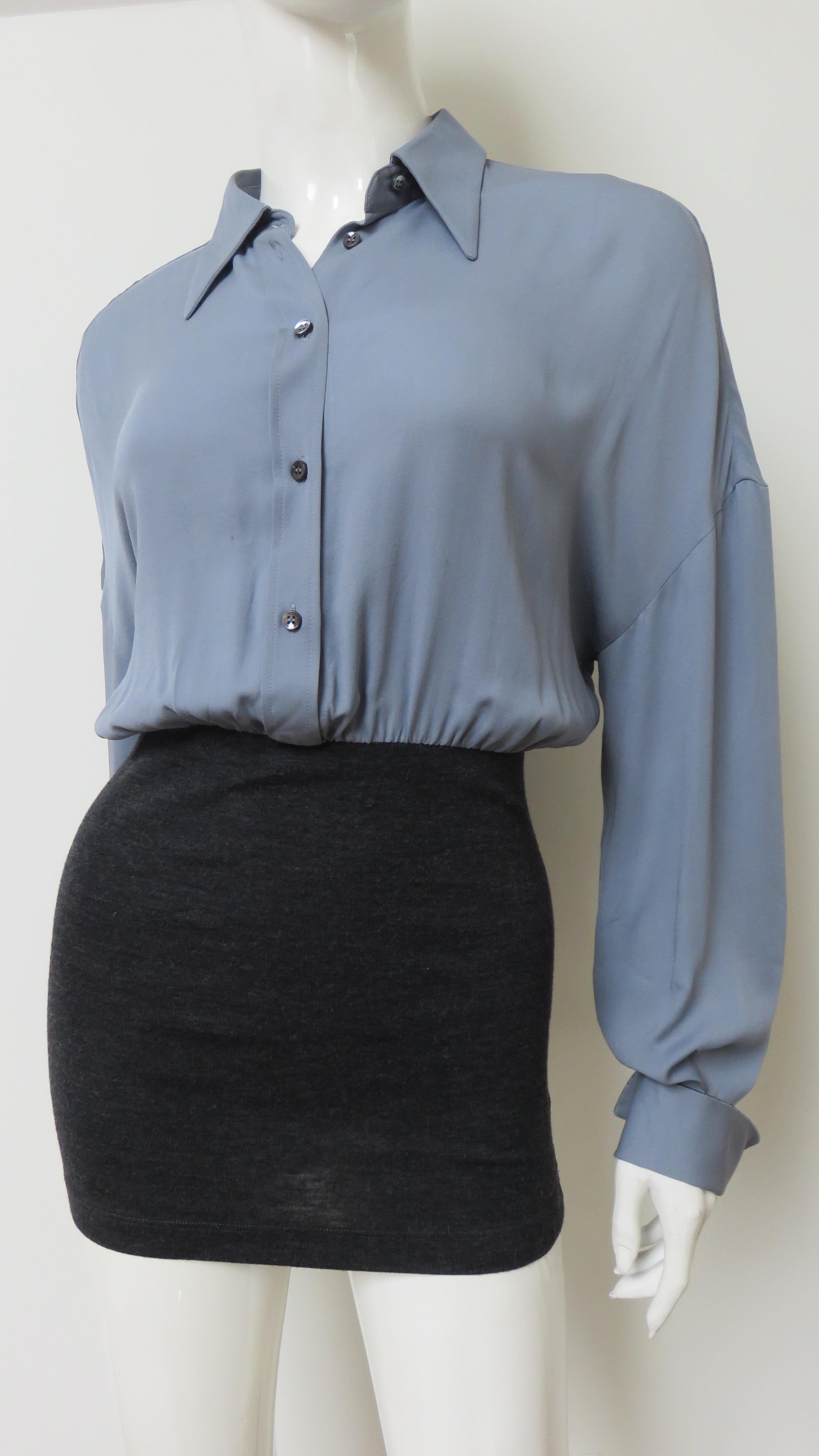 Gray Bruno Cucinelli Color Block Silk Shirt with Knit Band For Sale