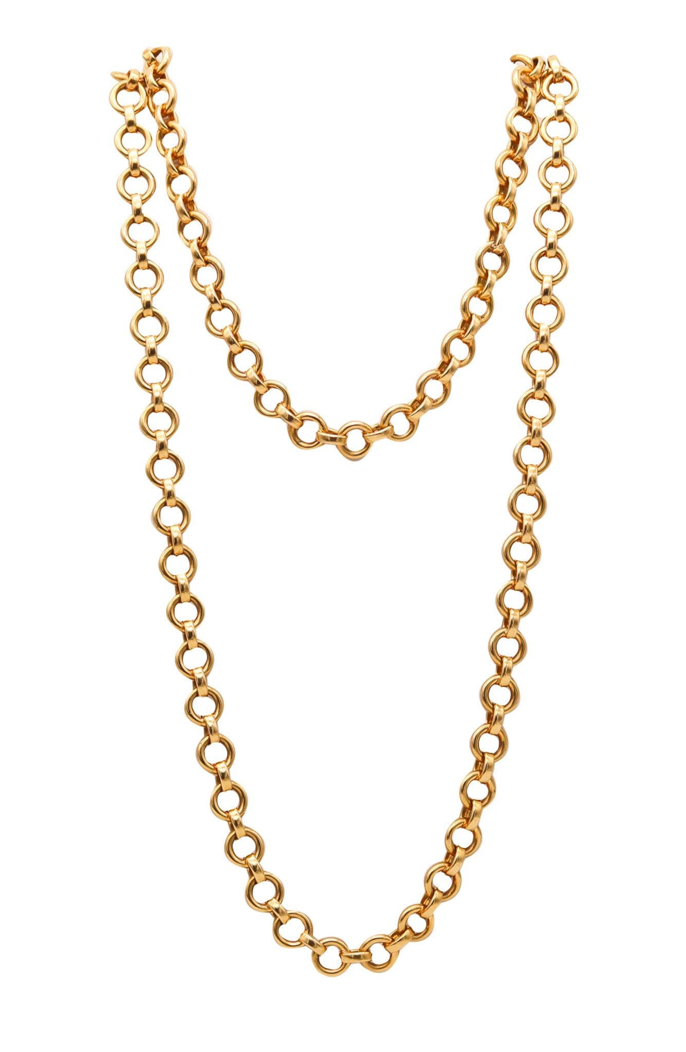 A long chain designed by Bruno Dal Lago in Vicenza.

A modernist long chain, created in Vicenza Italy at the jewelry atelier of Bruno Dal Lago, back in the 1970. This beautiful links chain has been crafted in yellow gold of 18 karats with polished