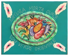NATURA MORTA OVALE CON VERDE ORIENTALE -  Tecnica mista su tela