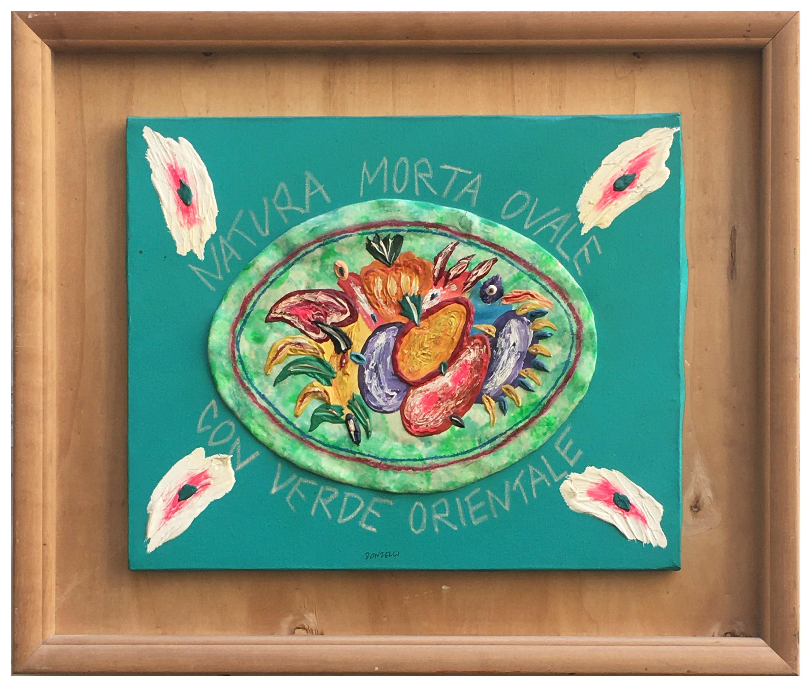 NATURALEZA MUERTA OVAL CON VERDE ORIENTAL -  Técnica mixta sobre lienzo