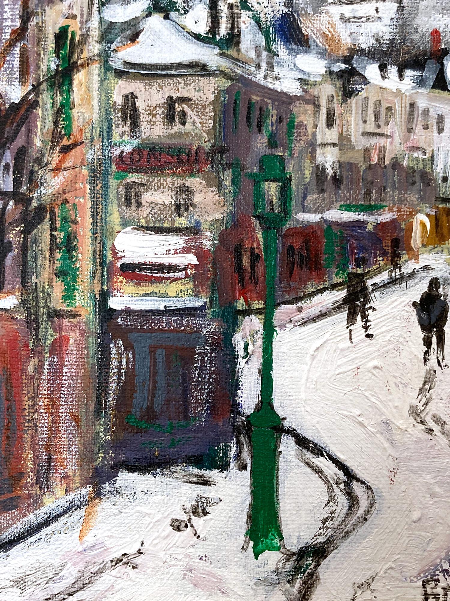 Este cuadro de Bruno-Émile Laurent es una escena callejera tremendamente viva y vívida del París del siglo XX, que representa La Rue Norvins, Montmartre en París Francia. Esta escena contemporánea de posguerra está hecha con carácter y nos recuerda