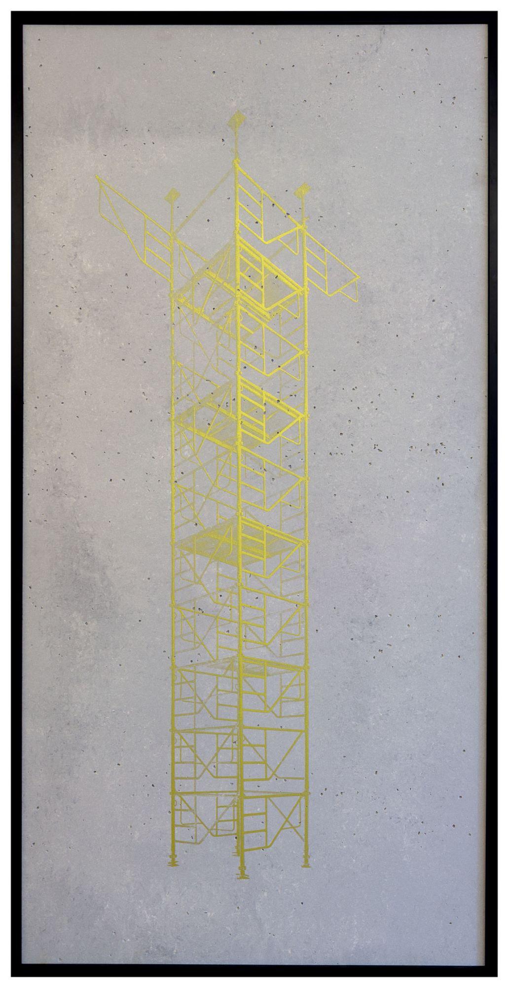 Concrete Scaffolding 01 ist eine limitierte Auflage der Fotografie des zeitgenössischen Künstlers Bruno Fontana. Dieses Foto ist ein Siebdruck mit Goldfarbe auf Betonsteinzeug. Die Abmessungen betragen 120 × 60 cm. Das Kunstwerk wird mit einem