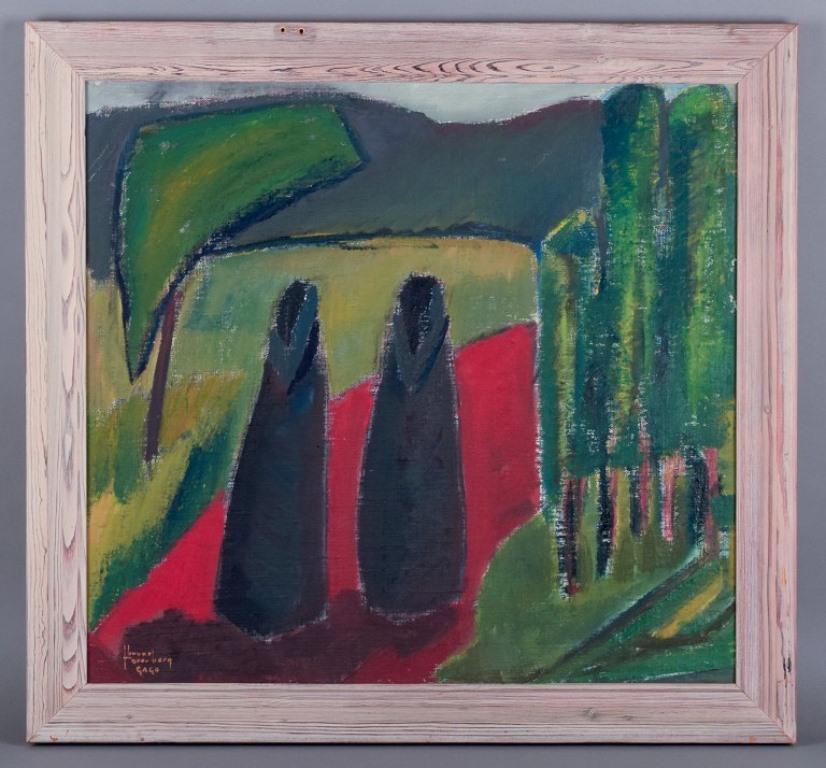 Bruno Forsberg (1924-2003), listed Swedish artist. 
Oil on board.
Modernist park landscape. Colouristic palette.
Signed.
Mid-20th century.
In perfect condition.
Dimensions: 65.0 cm x 60.5 cm.
Total dimensions: 75.0 cm x 70.5 cm.
