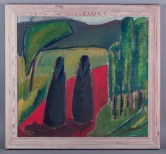 Bruno Forsberg, artista svedese quotato in borsa. Olio su tavola. Scena di un parco modernista