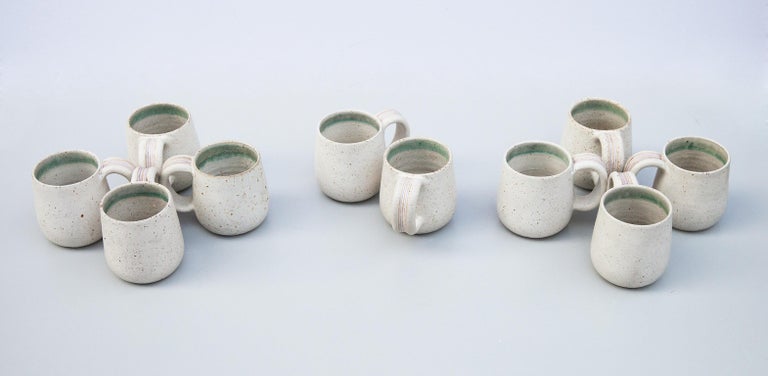 Wonderful coffee or tea cups in greige stoneware made by Bruno Gambone in the 1980s.