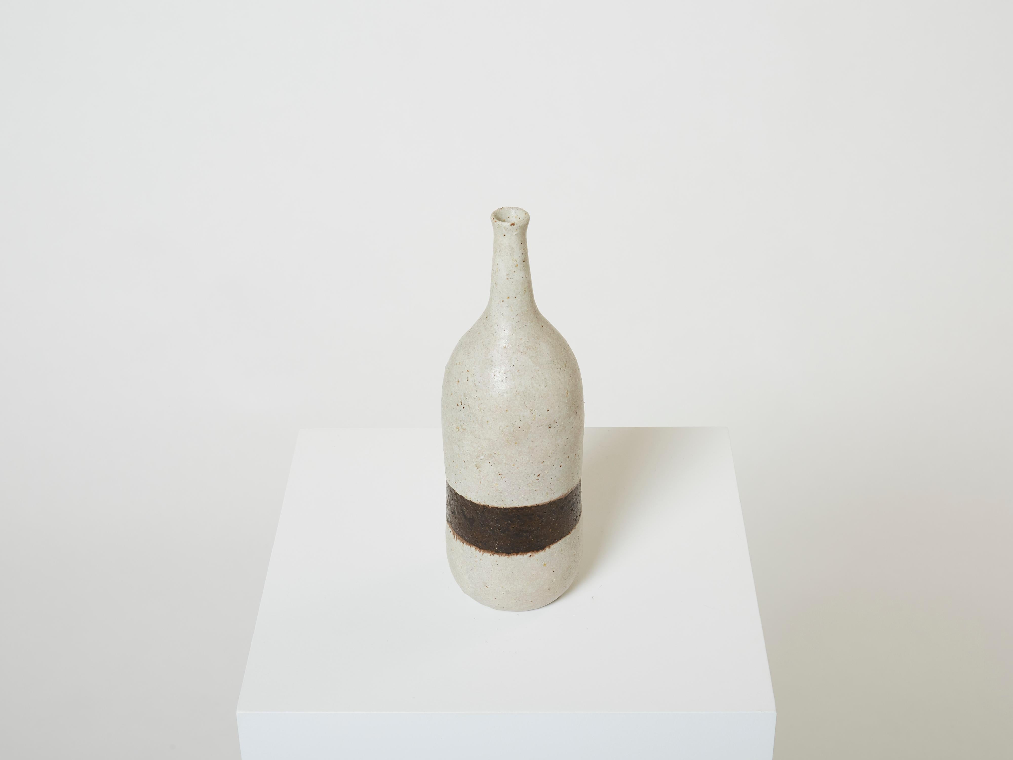 Mid-Century Modern Bruno Gambone glazed stoneware ceramic vase greige brown 1970 For Sale