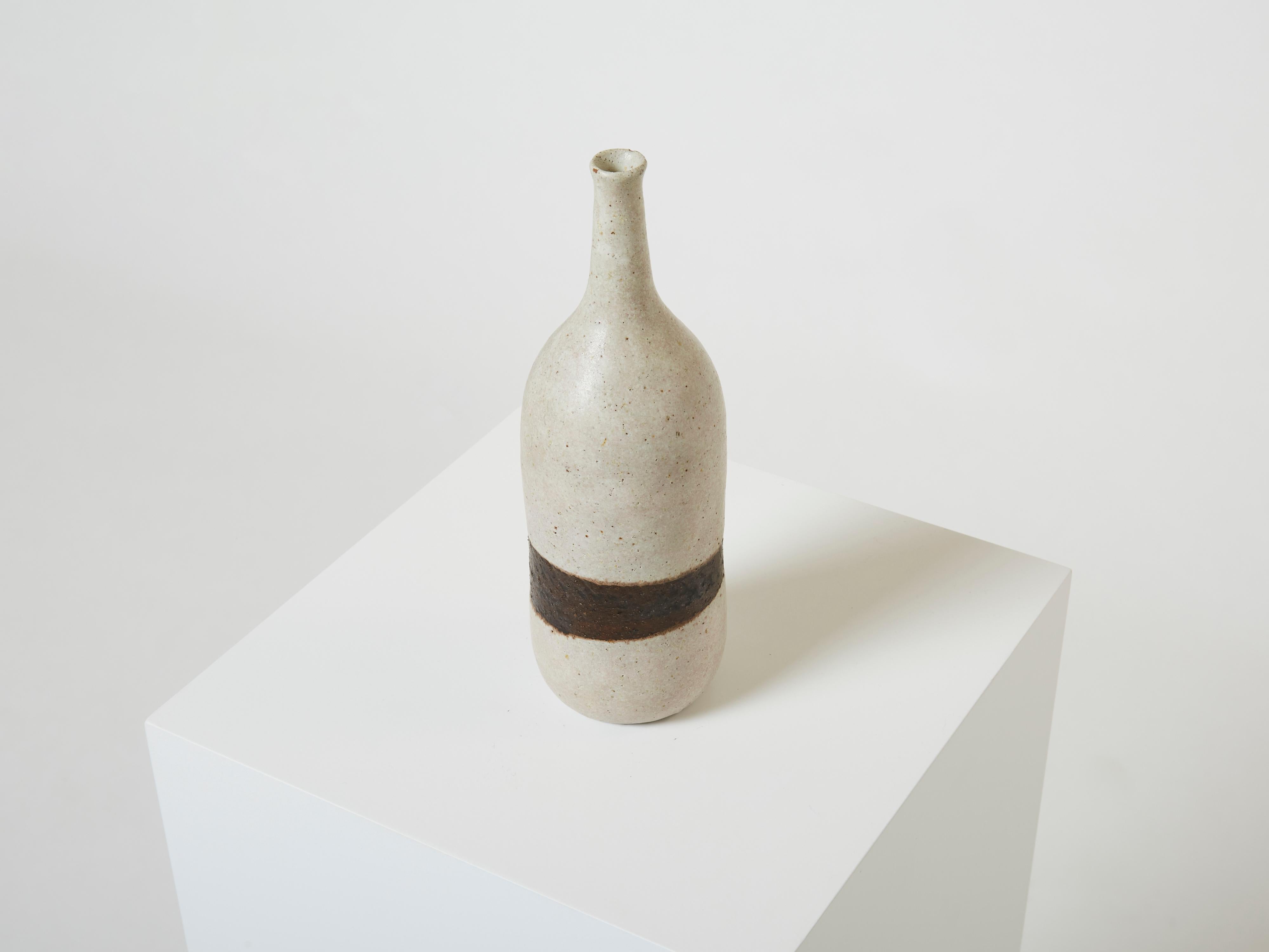 Italian Bruno Gambone glazed stoneware ceramic vase greige brown 1970 For Sale
