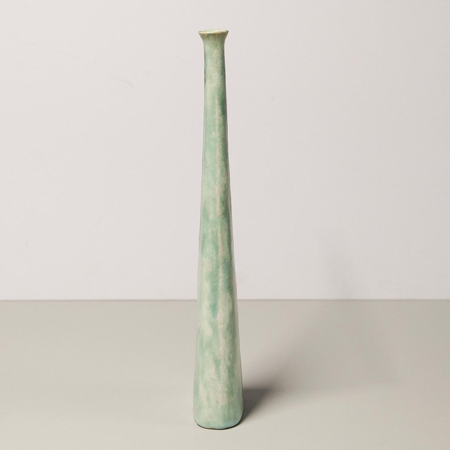 Mid-Century Modern Bruno Gambone Green Black Stripe Ceramic Vase, 1980 For Sale