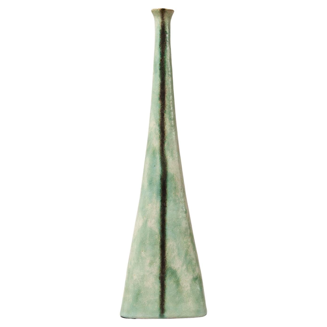 Bruno Gambone Green Black Stripe Ceramic Vase, 1980 For Sale