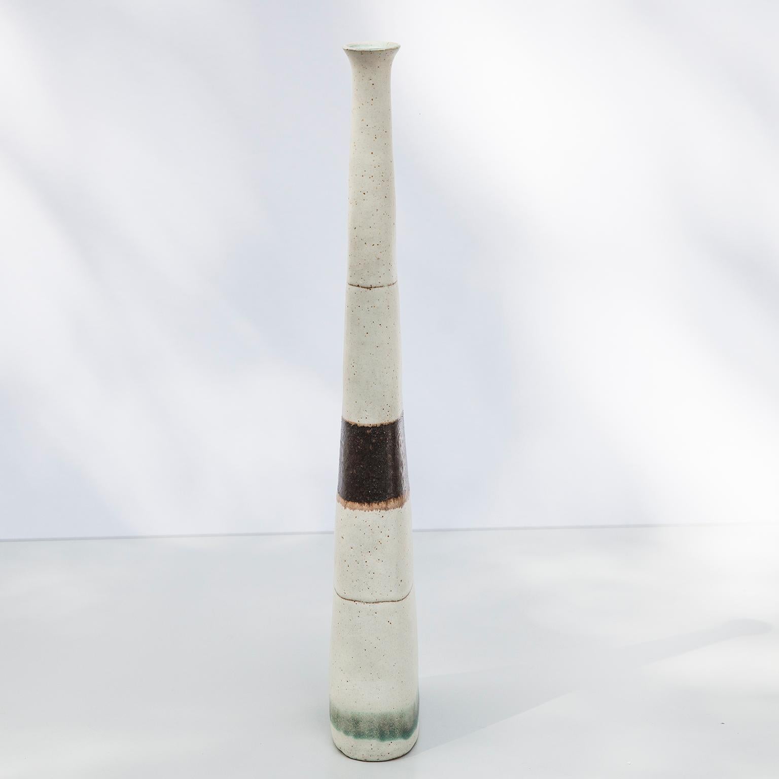 Mid-Century Modern Bruno Gambone Greige Green Stripe Ceramic Vase, Italy, 1980s For Sale