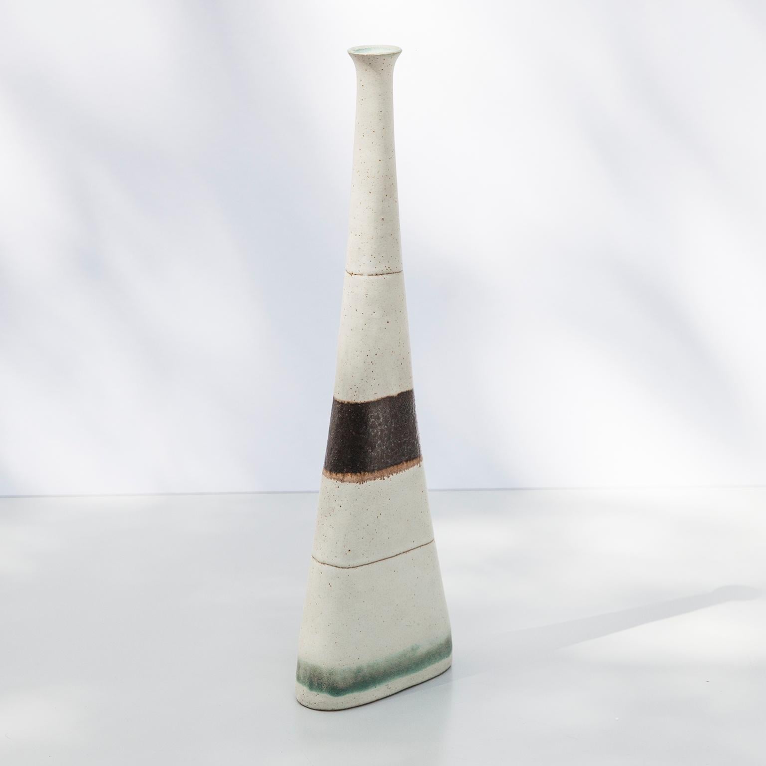 Italian Bruno Gambone Greige Green Stripe Ceramic Vase, Italy, 1980s For Sale