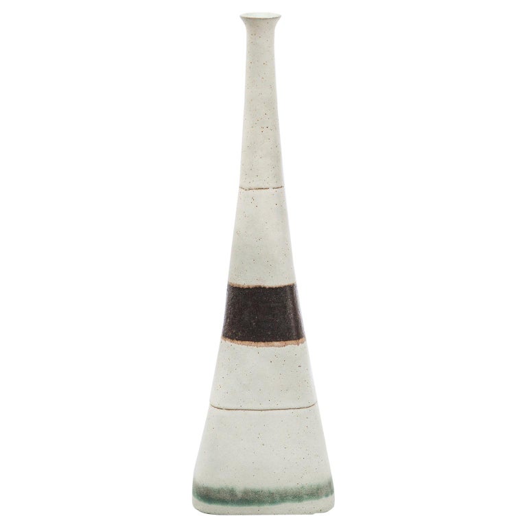 Bruno Gambone Greige Green Stripe Ceramic Vase, Italy, 1980s For Sale