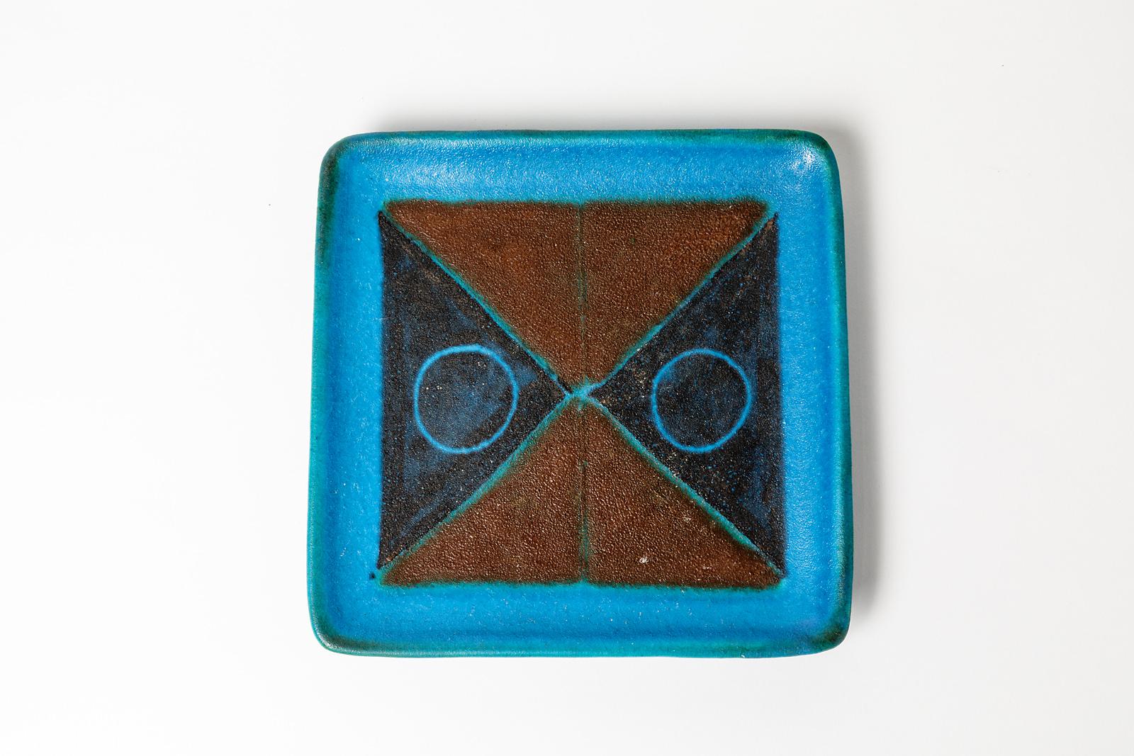 Bruno Gambone Italy Blue Abstract Decoration Ceramic Plate, circa 1960 In Excellent Condition In Neuilly-en- sancerre, FR