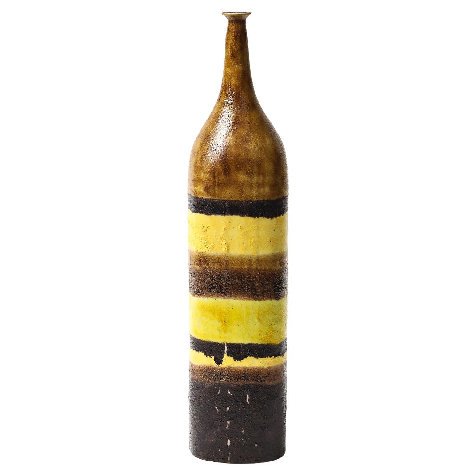 Bruno Gambone Lamp Base, Ceramic, Stripes, Brown, Yellow, Black, Signed en vente