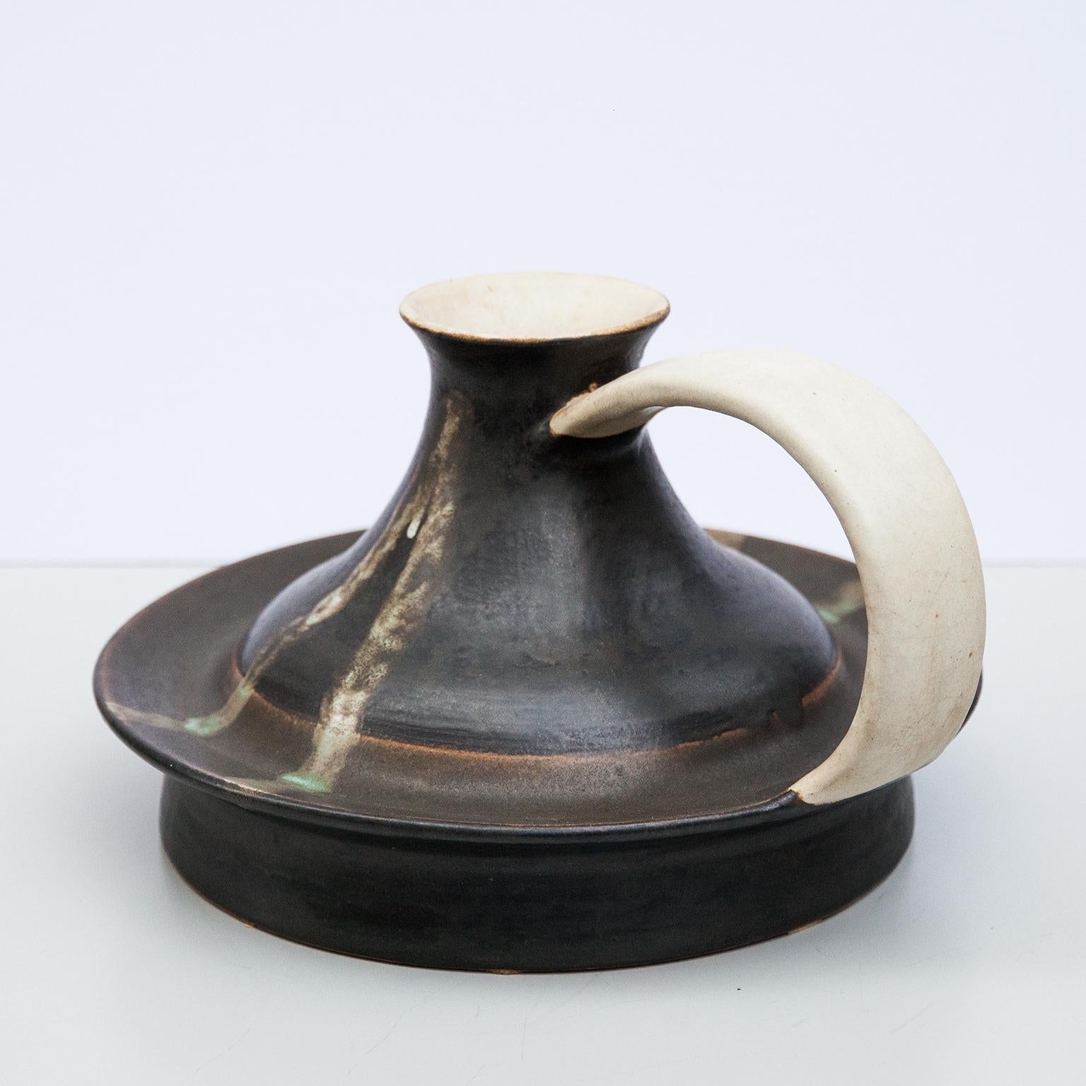 Mid-Century Modern Bruno Gambone Monumental Black Greige Ceramic Vase Pitcher  Italy 1980s For Sale
