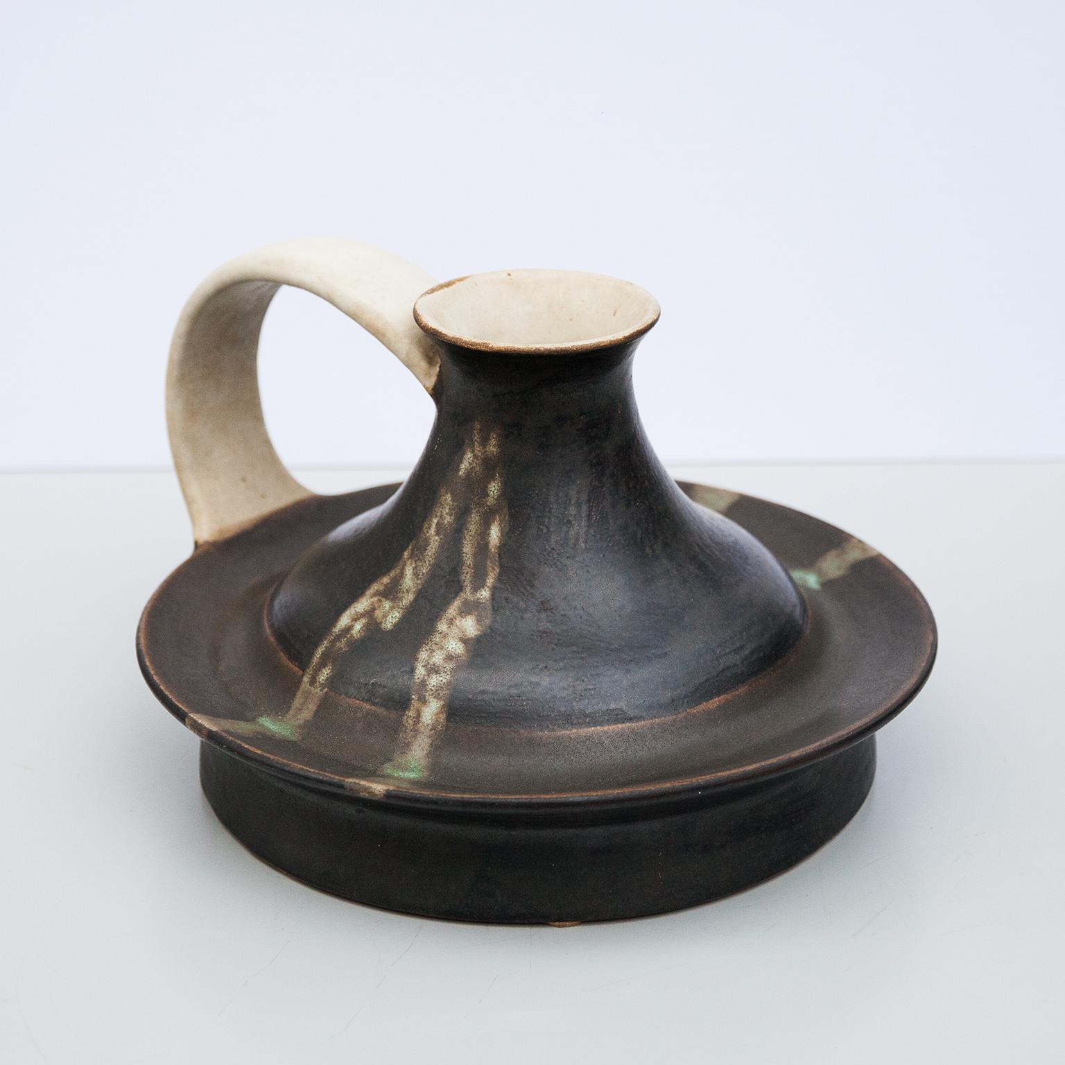 Late 20th Century Bruno Gambone Monumental Black Greige Ceramic Vase Pitcher  Italy 1980s For Sale