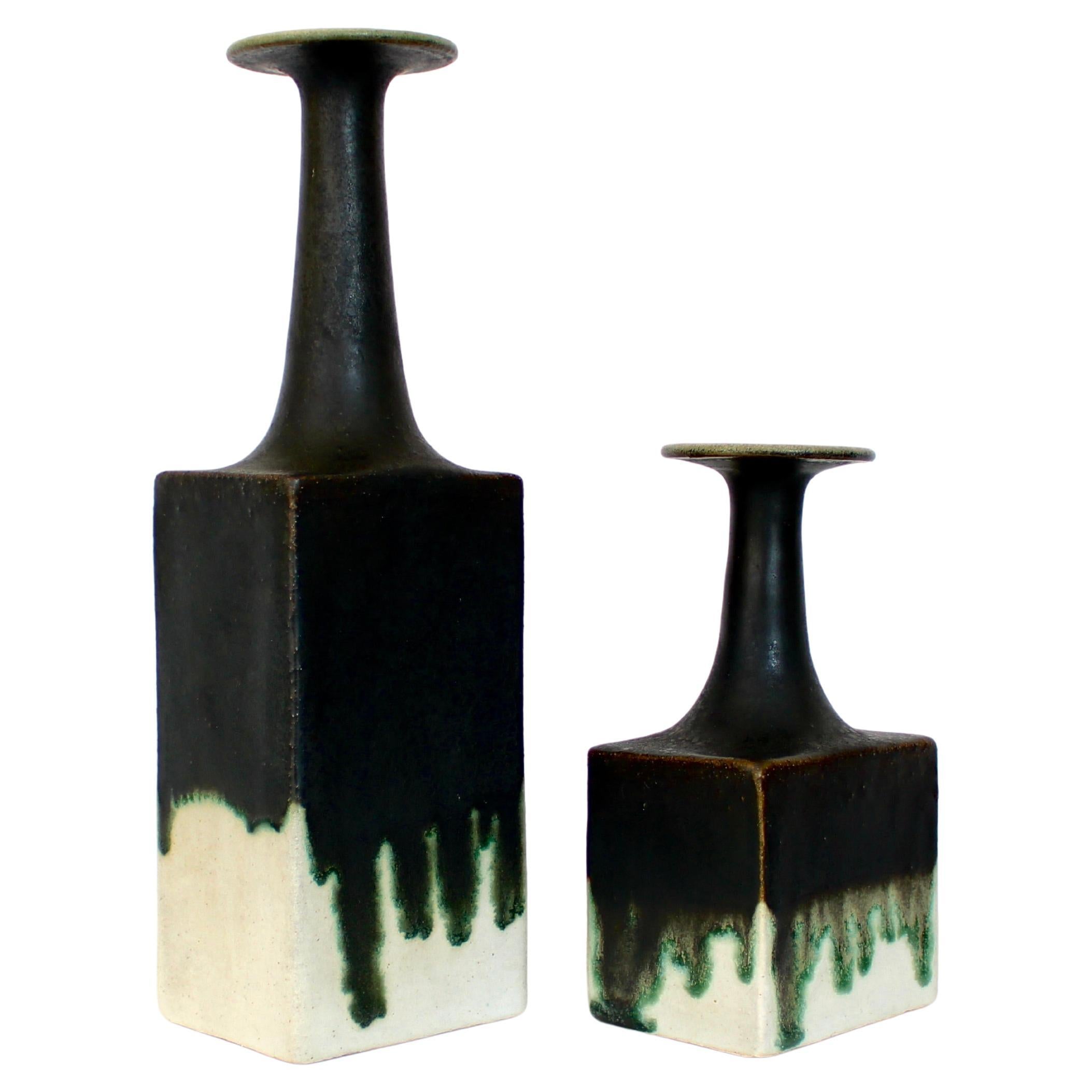 Bruno Gambone Pair Glazed Ceramic Bottle Vases, Italy, circa 1970