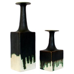 Bruno Gambone Pair Glazed Ceramic Bottle Vases, Italy, circa 1970