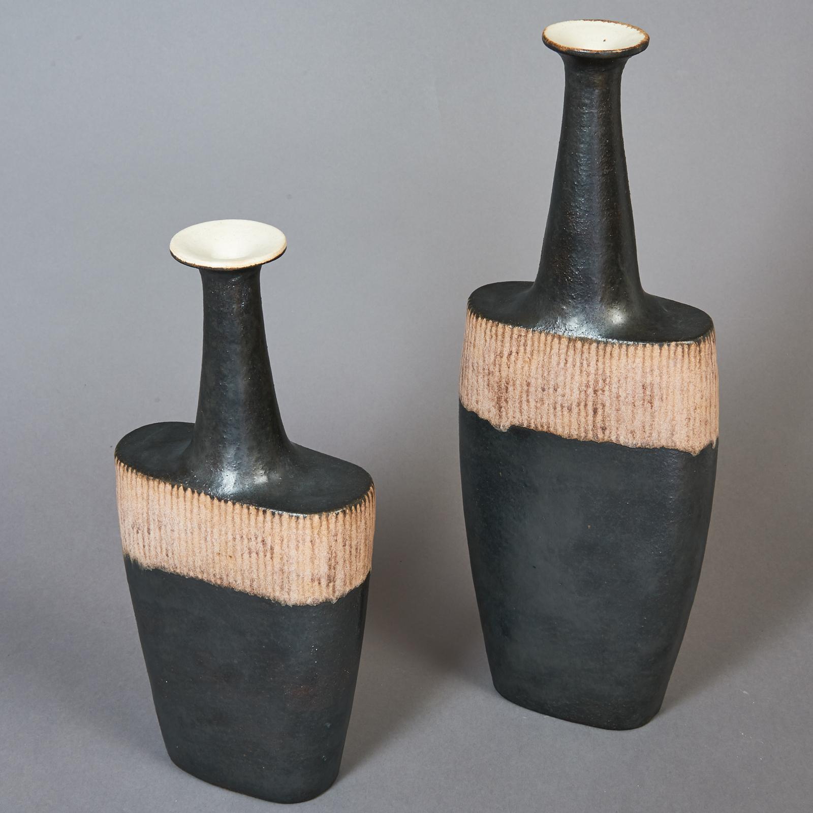 Mid-Century Modern Bruno Gambone Pair of Black Long Neck Vessels, circa 1980