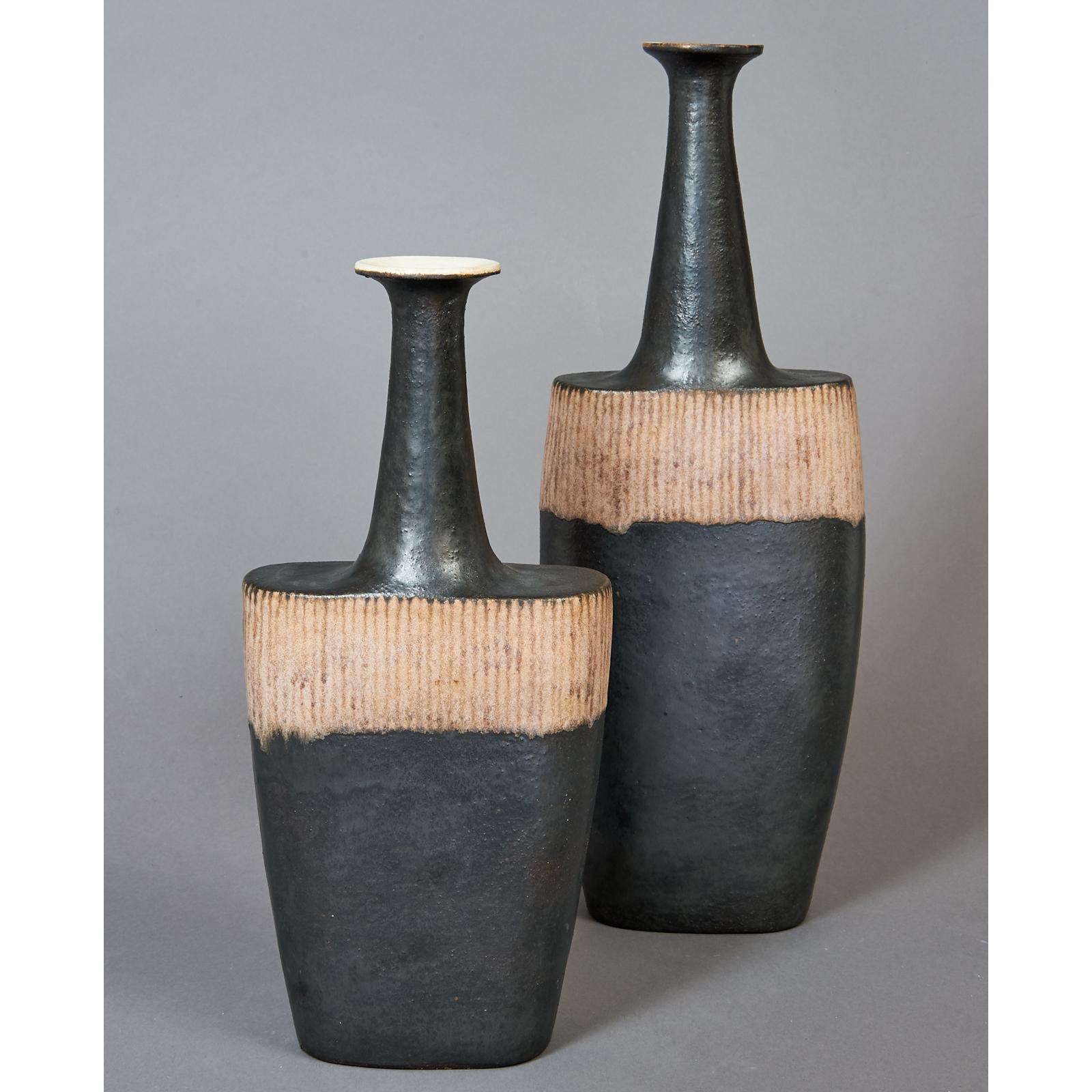 Italian Bruno Gambone Pair of Black Long Neck Vessels, circa 1980