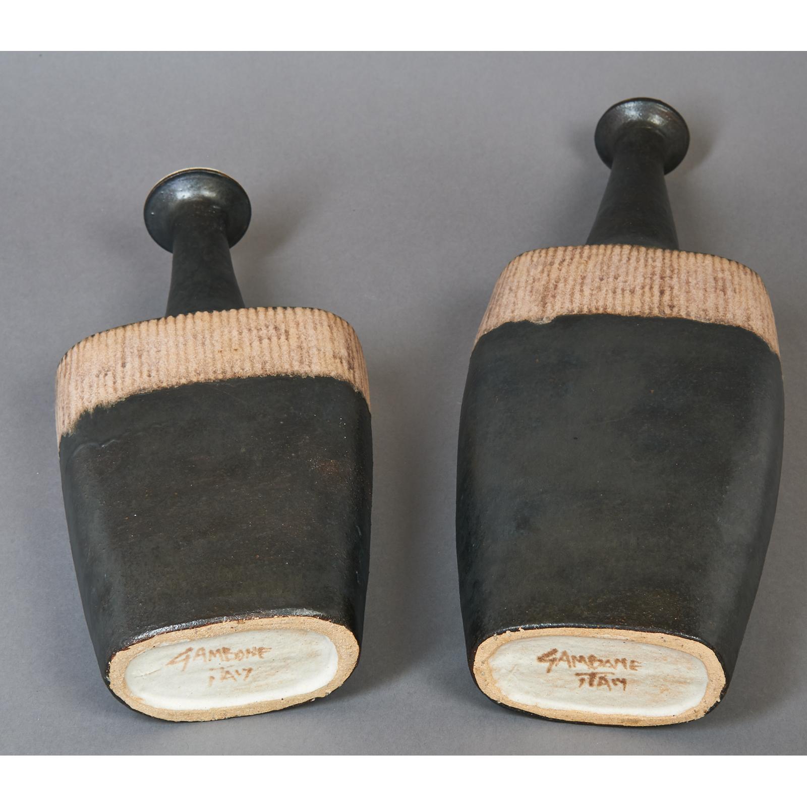 Bruno Gambone Pair of Black Long Neck Vessels, circa 1980 In Excellent Condition In New York, NY