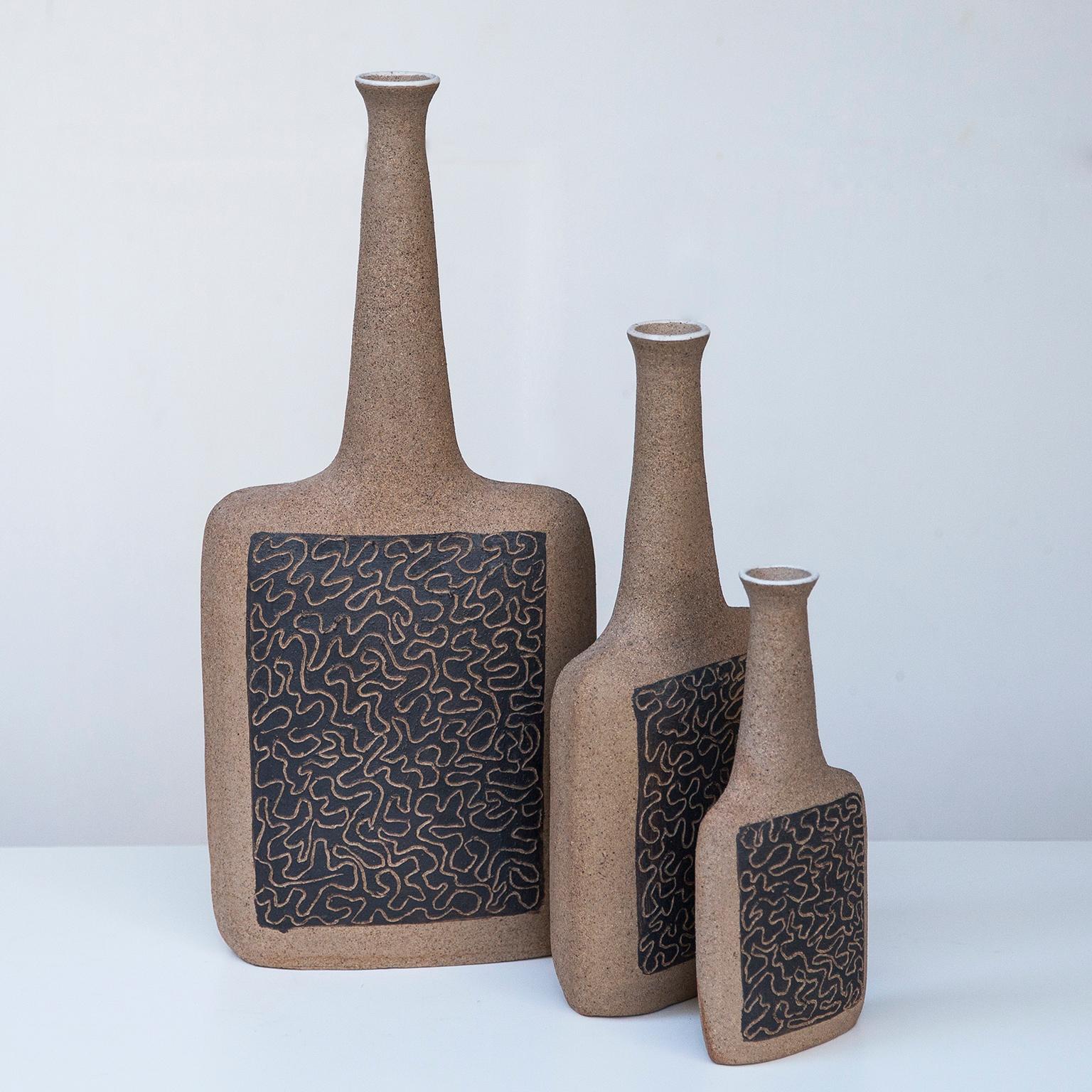 Mid-Century Modern Bruno Gambone Raw Stoneware Relief Vases