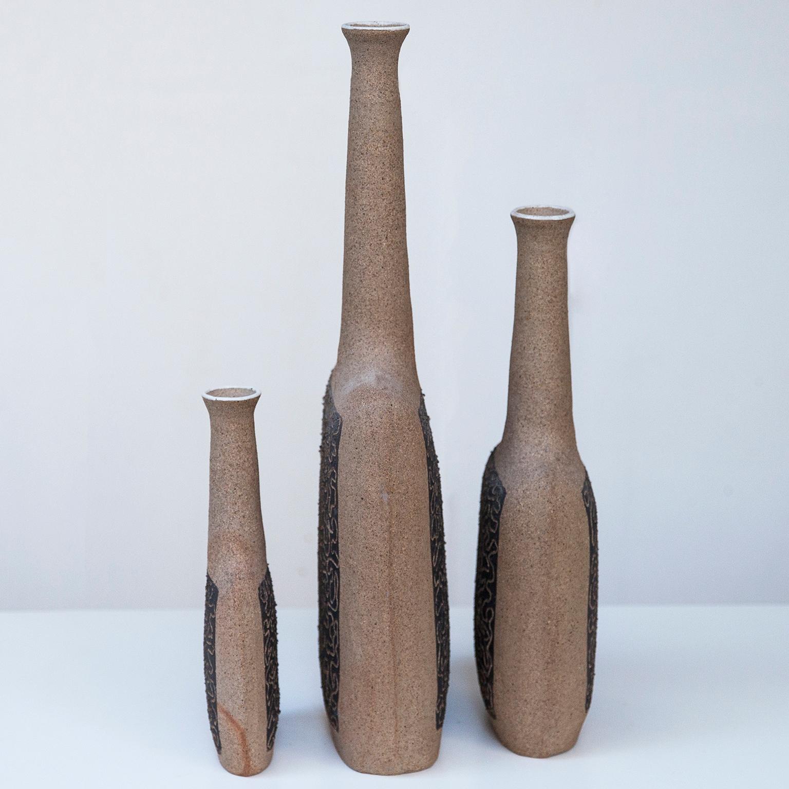 Italian Bruno Gambone Raw Stoneware Relief Vases