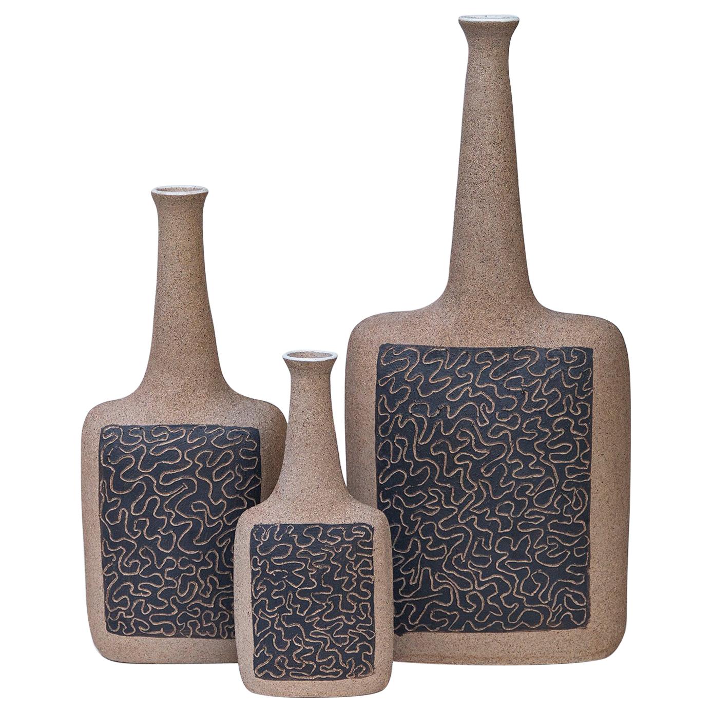 Bruno Gambone Raw Stoneware Relief Vases