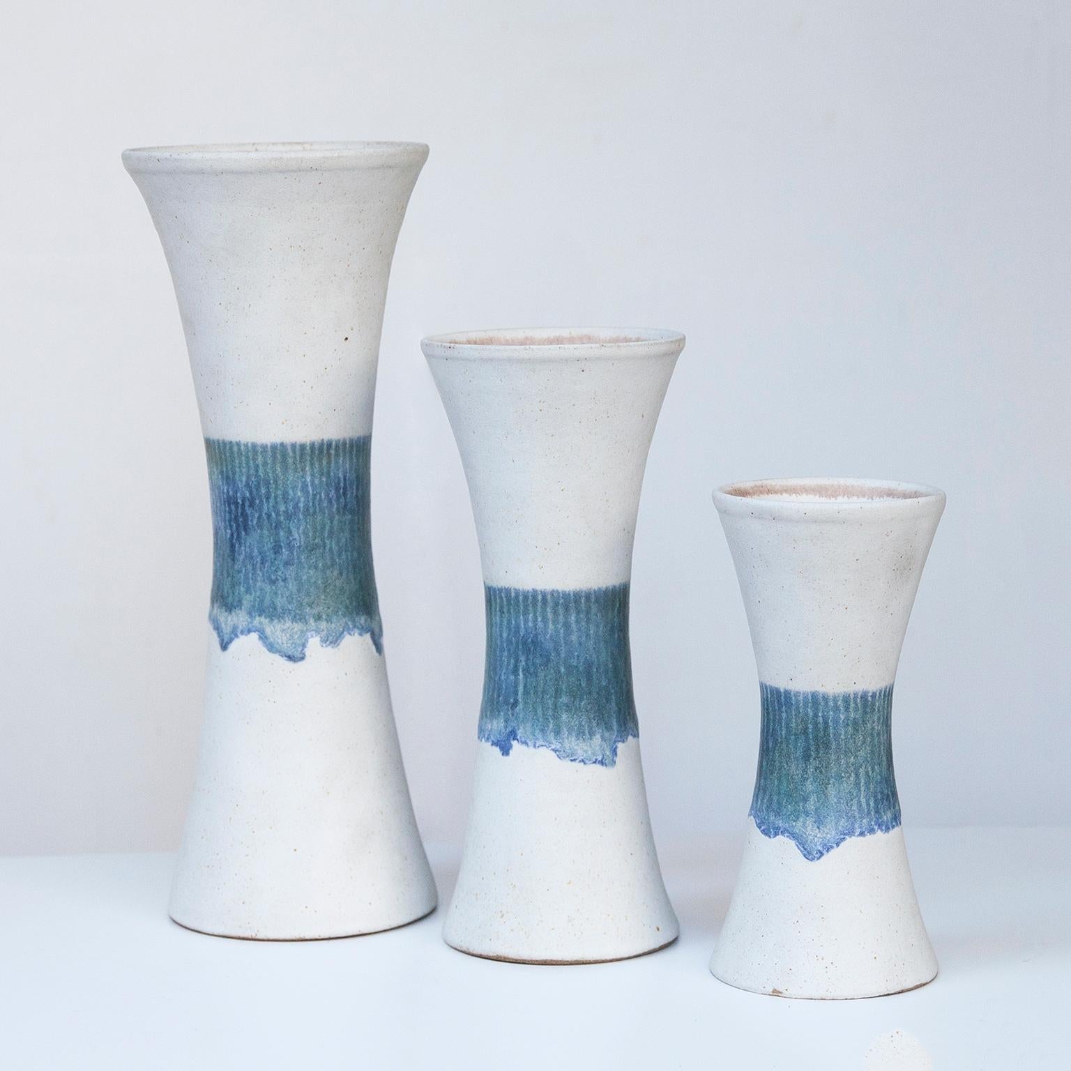 Mid-Century Modern Bruno Gambone Stoneware White Blue Vase Set For Sale