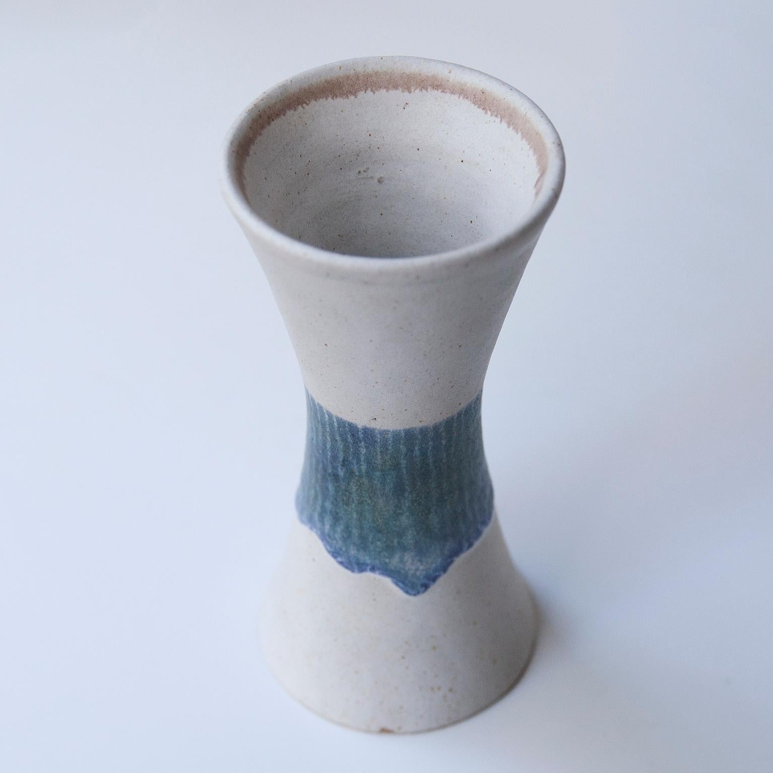 Late 20th Century Bruno Gambone Stoneware White Blue Vase Set For Sale