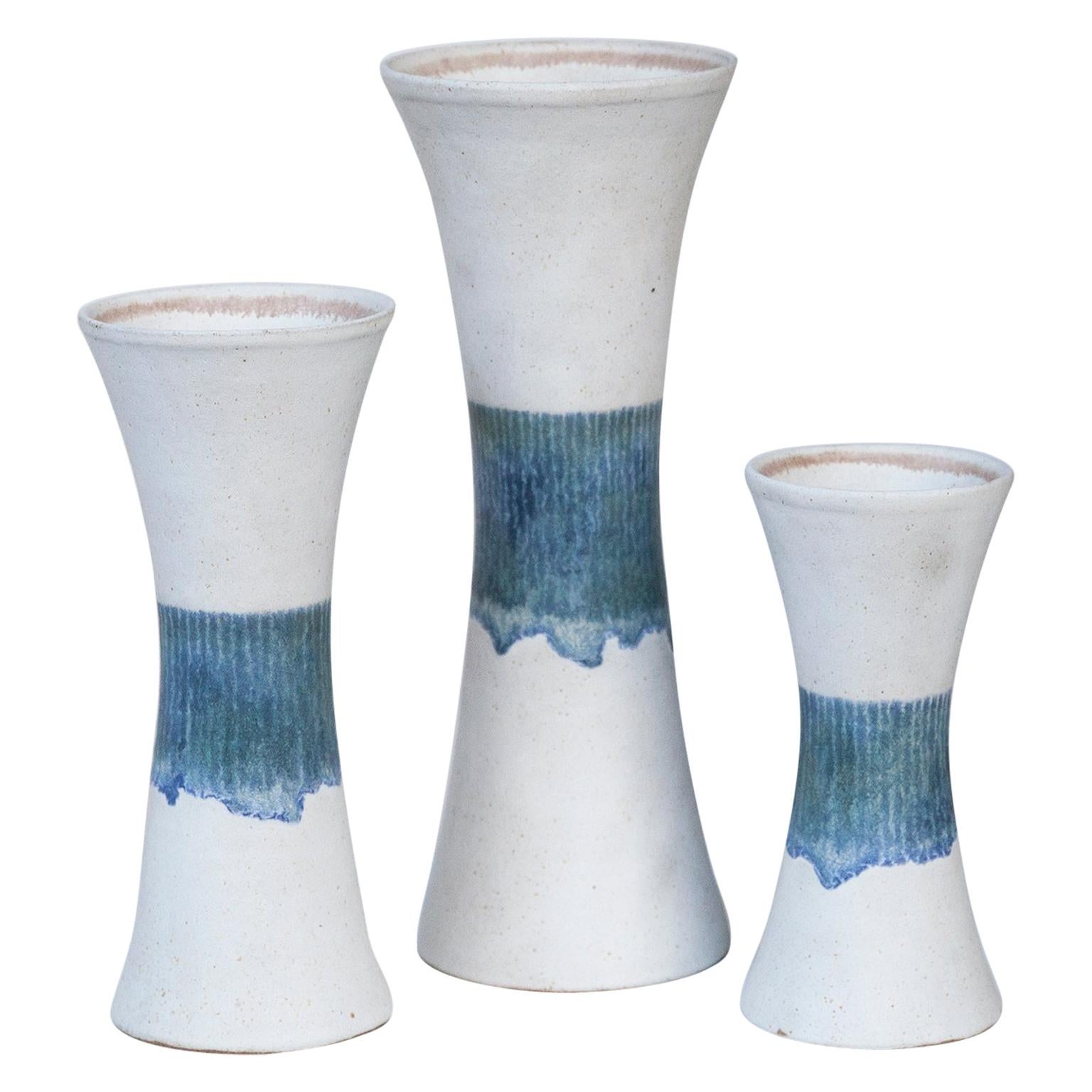 Bruno Gambone Stoneware White Blue Vase Set For Sale