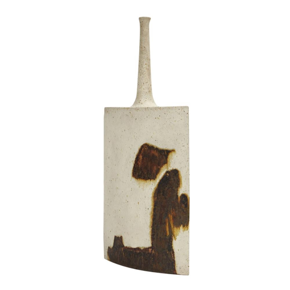 Bruno Gambone Vase, Ceramic, Abstract, Earthtones, Signed. Tall hand thrown stoneware vase, with elongated neck and rectangular body, decorated on both sides with abstract expressionist designs reminiscent of Robert Motherwell's paintings. Signed on