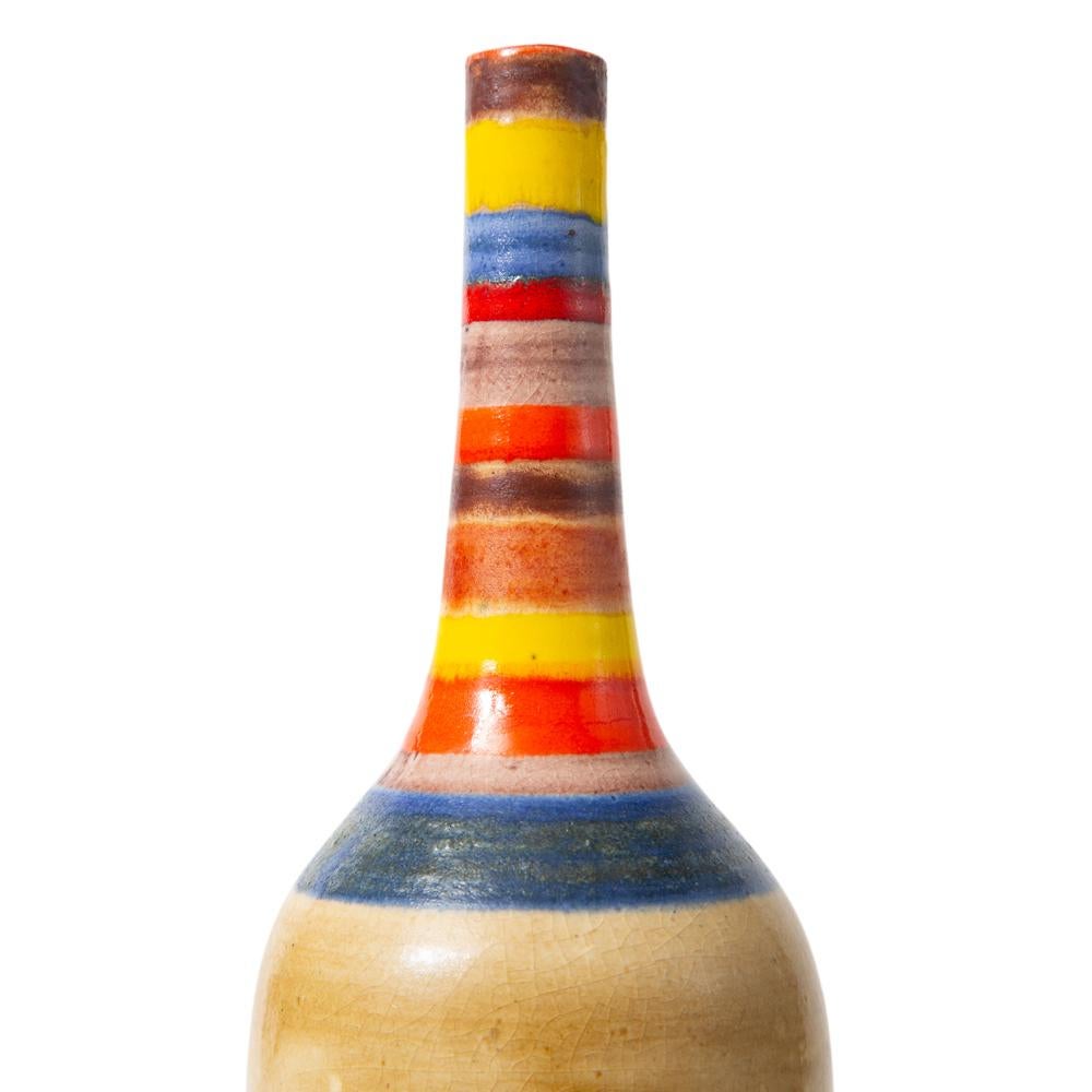 Italian Bruno Gambone Vase, Ceramic, Tan, Blue, Red, Yellow, Stripes, Signed For Sale