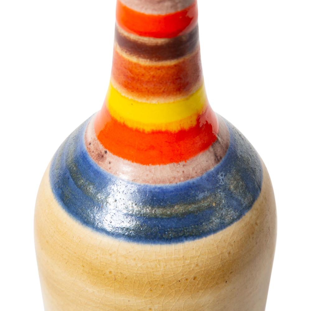 Bruno Gambone Vase, Ceramic, Tan, Blue, Red, Yellow, Stripes, Signed In Good Condition For Sale In New York, NY