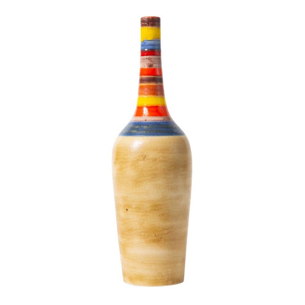 Vaso Bruno Gambone, Ceramica, Tan, Blu, Rosso, Giallo, Strisce, Firmato
