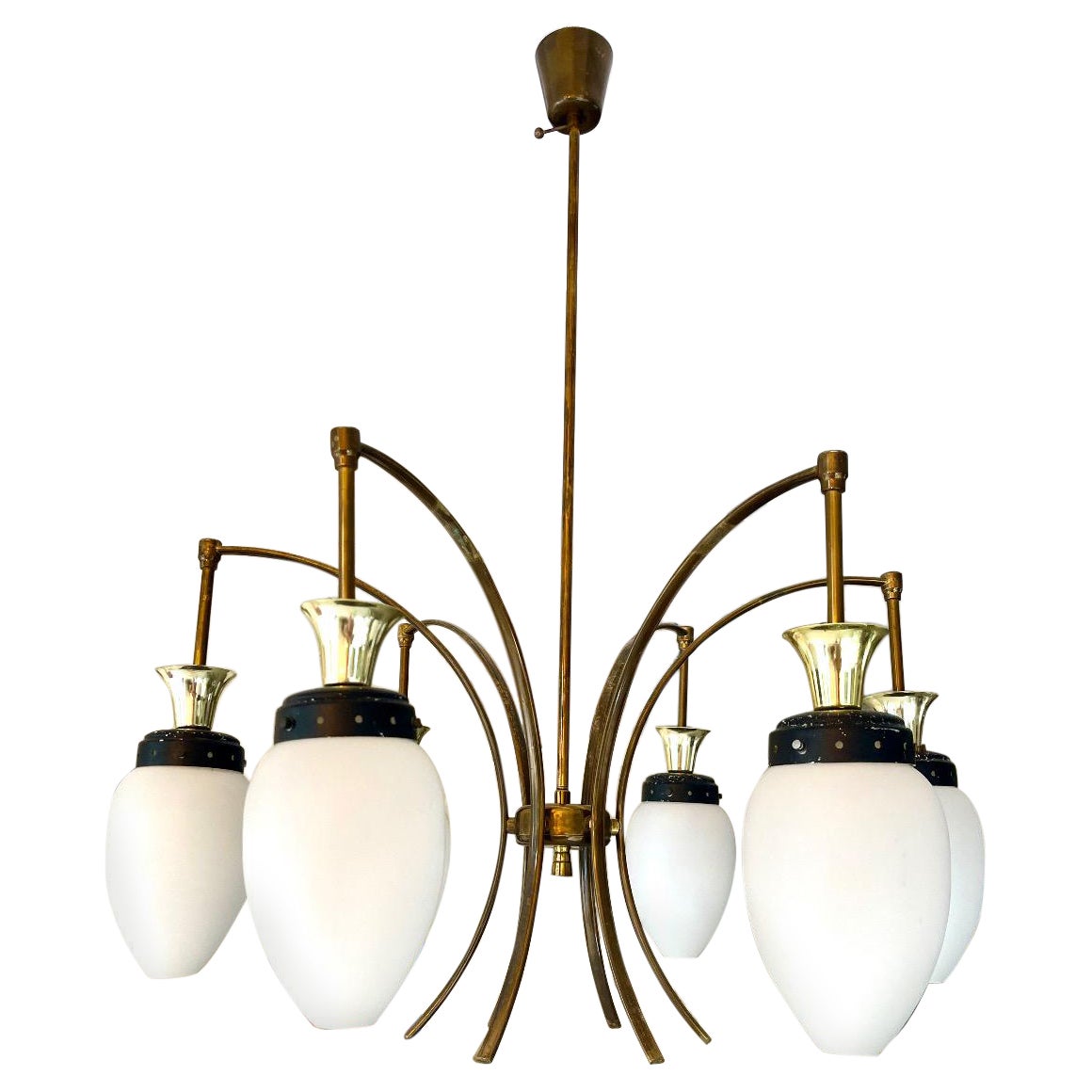 Bruno Gatta by Stilnovo Chandelier brass with 6 opaline glass , Italy 1960