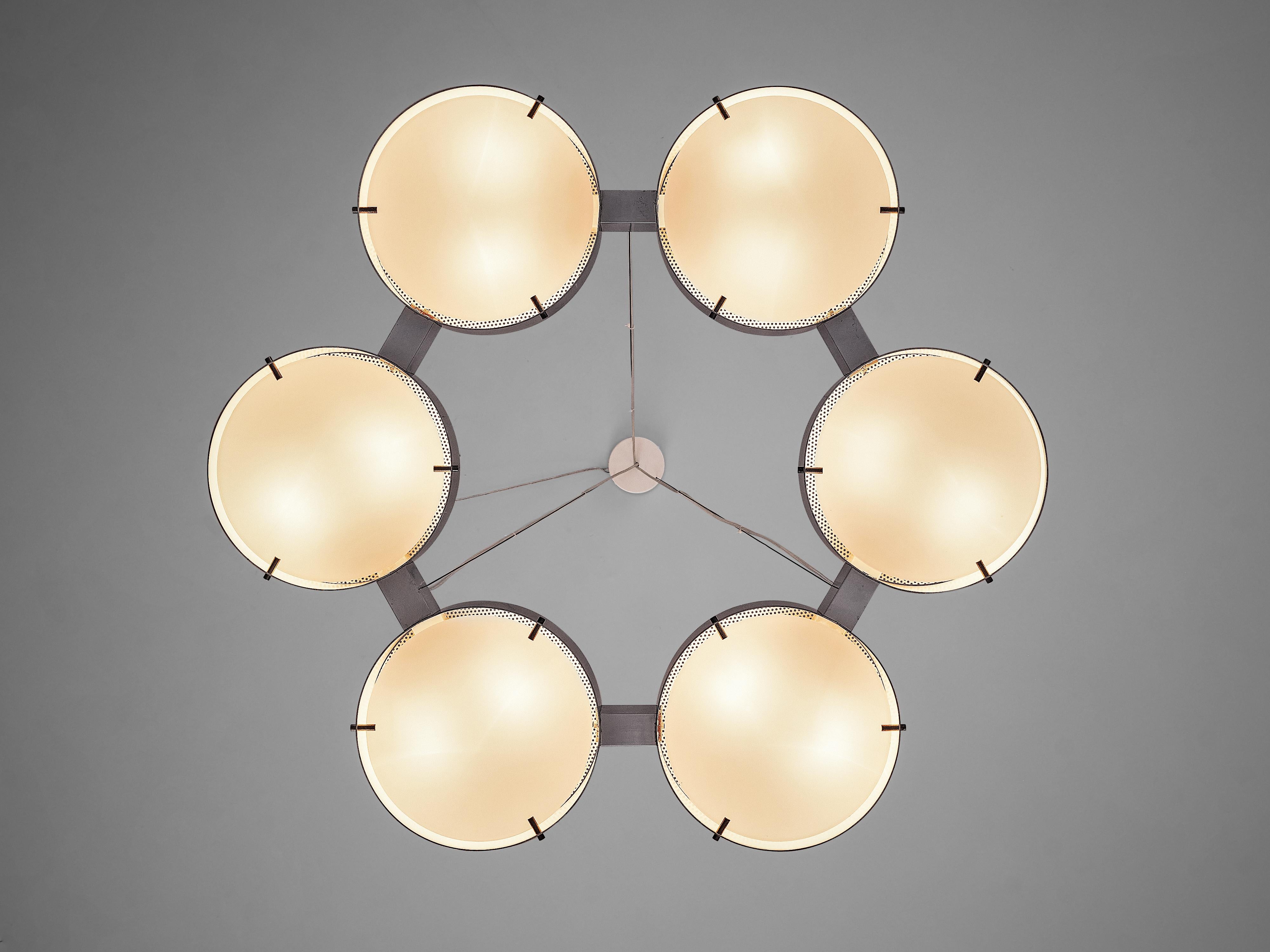 Bruno Gatta for Stilnovo Chandelier in Aluminum and Glass 1