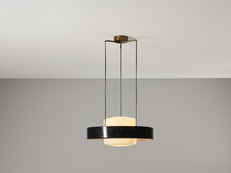 Bruno Gatta for Stilnovo, pendant, model '1158', satin glass, coated aluminum, brass, Italy, 1950s.

A rare midcentury lighting object designed by Bruno Gatta for Stilnovo in the fifties. Well-conceived proportions, clear in line, and simple color