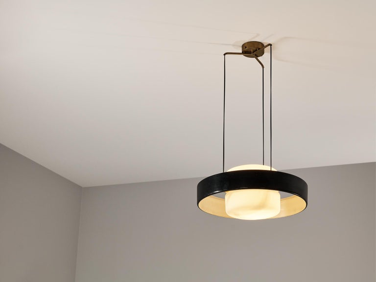 Bruno Gatta for Stilnovo Pendant in Opaline Glass and Black Aluminum  In Good Condition For Sale In Waalwijk, NL