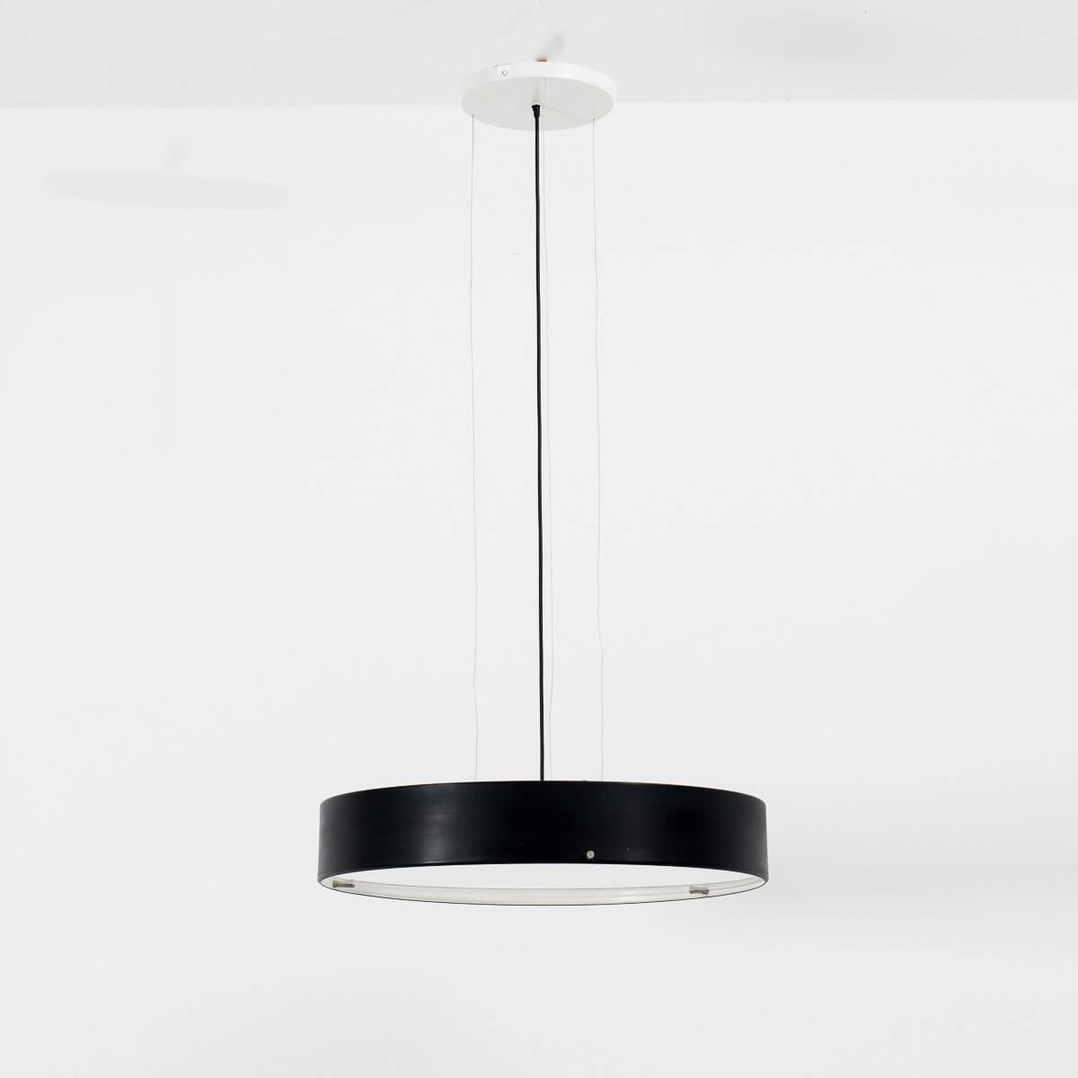 Nice large ceiling fixture model 288 designed by Bruno Gatta for Stilnovo, Italy, 1950s. This lamp has a black lacquered metal shade with milk glass opaline glass diffuser shade, which is held by elegant nickel fittings. White ceiling plate.