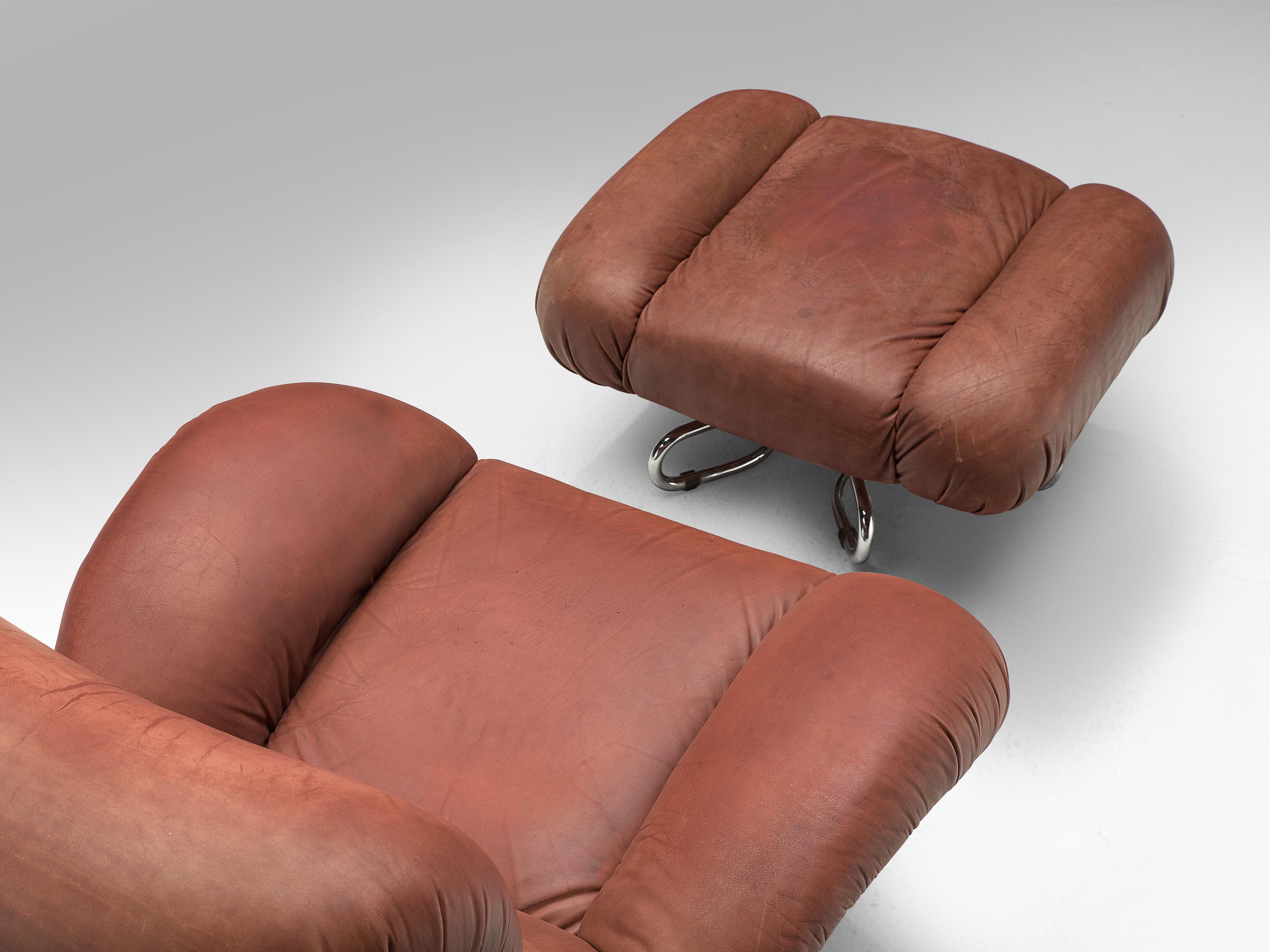 Bruno Gecchelin for Busnelli Lounge Chair and Ottoman in Red Leather 2