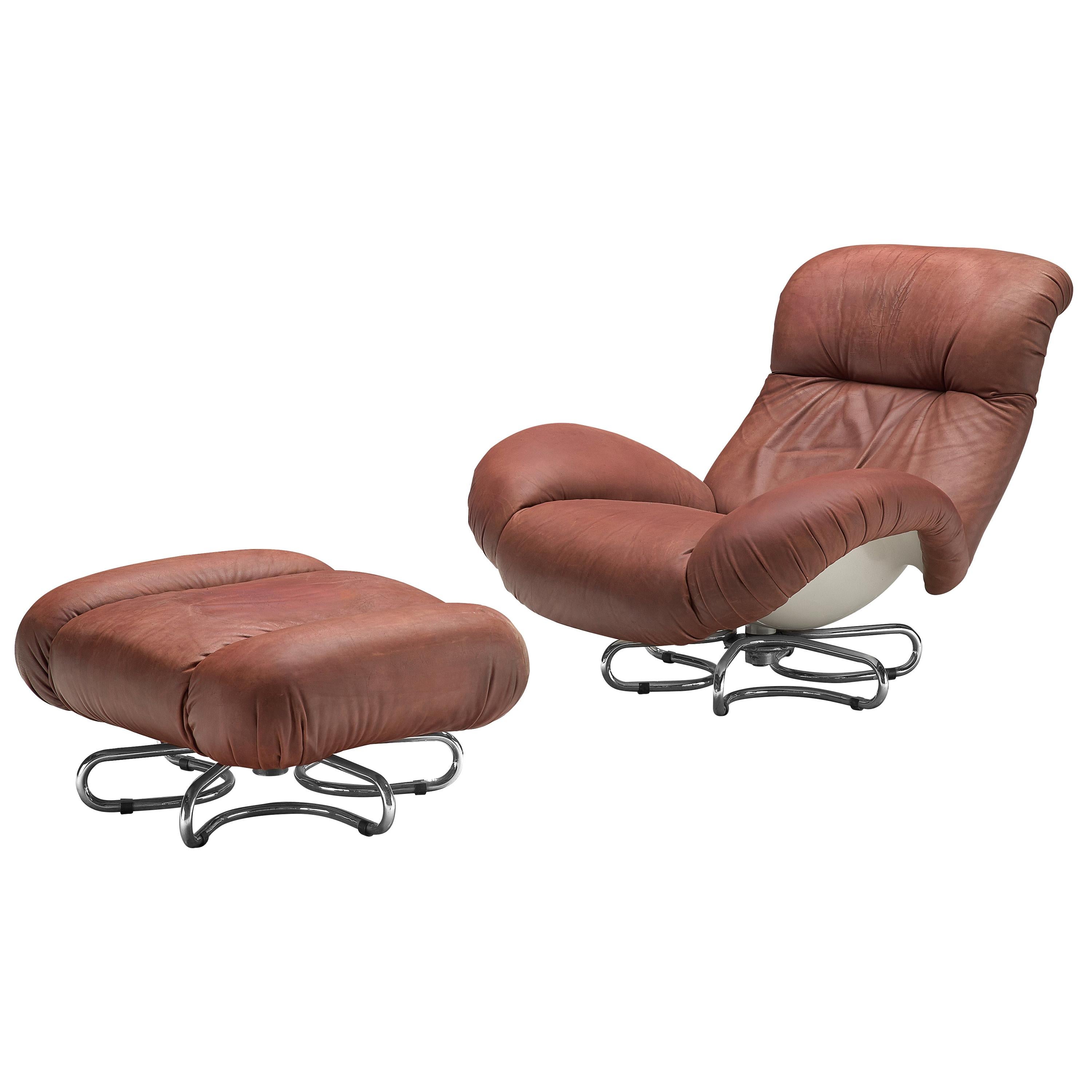 Bruno Gecchelin for Busnelli Lounge Chair and Ottoman in Red Leather