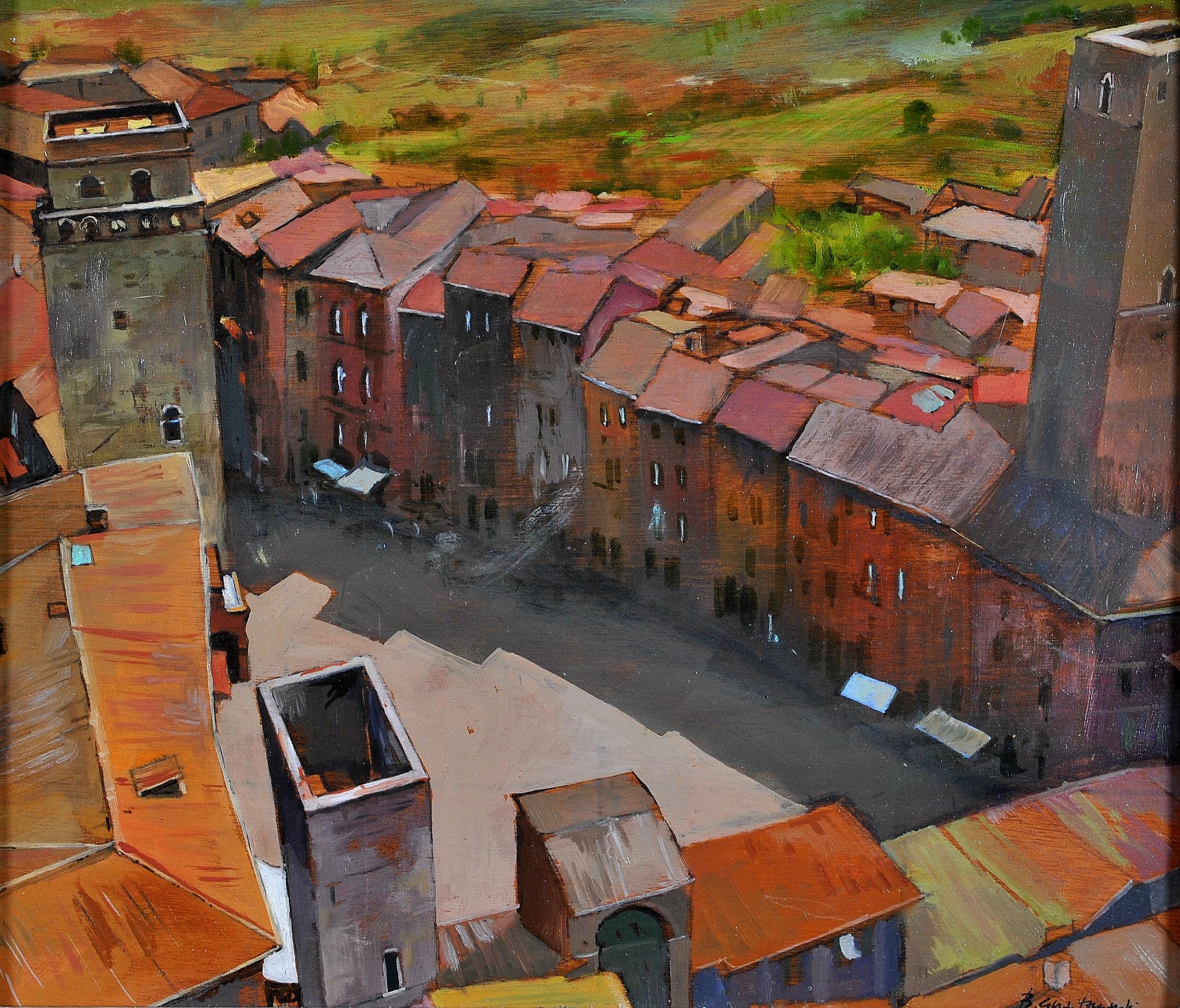 Peinture à l'huile italienne de La Piazza, San Gimignano, Sienne, Toscane, Italie - Painting de Bruno Guaitamacchi
