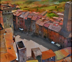 La Piazza, San Gimignano - Sienna Tuscany Italy Italian Walled Town Oil Painting