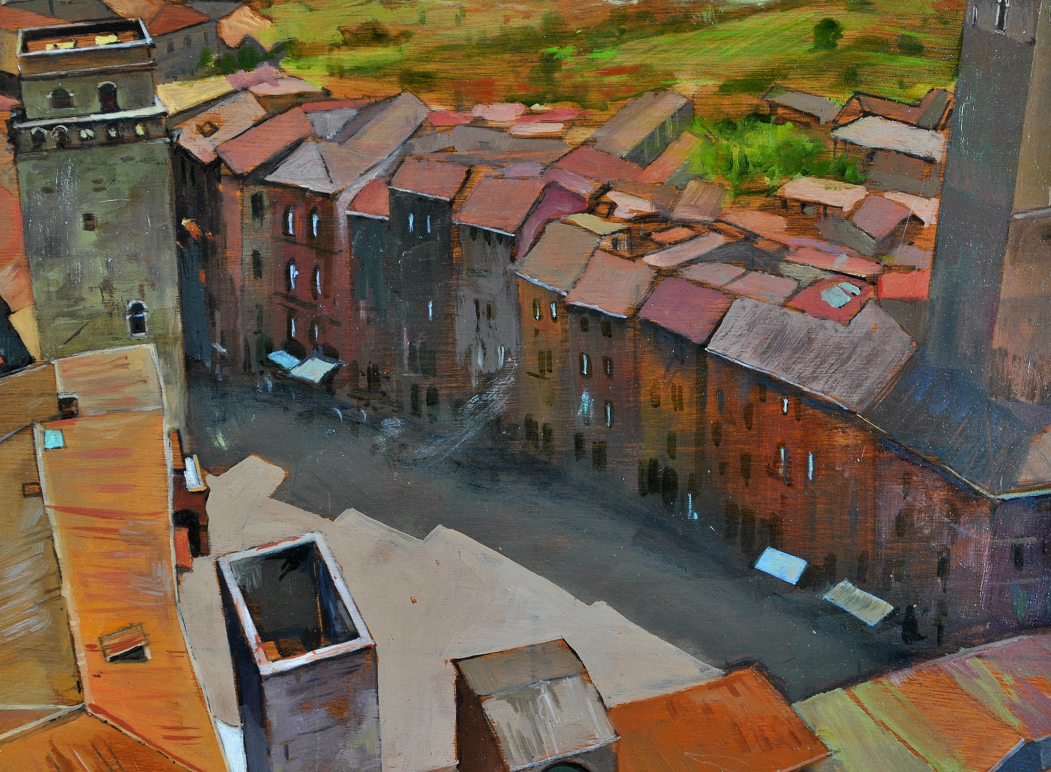 Une belle huile sur panneau représentant la Piazza de San Gimignano, une ville médiévale fortifiée dans les collines de la province de Sienne en Townes, par Bruno Guaitamacchi. Œuvre d'excellente qualité, signée en bas à droite et présentée dans un